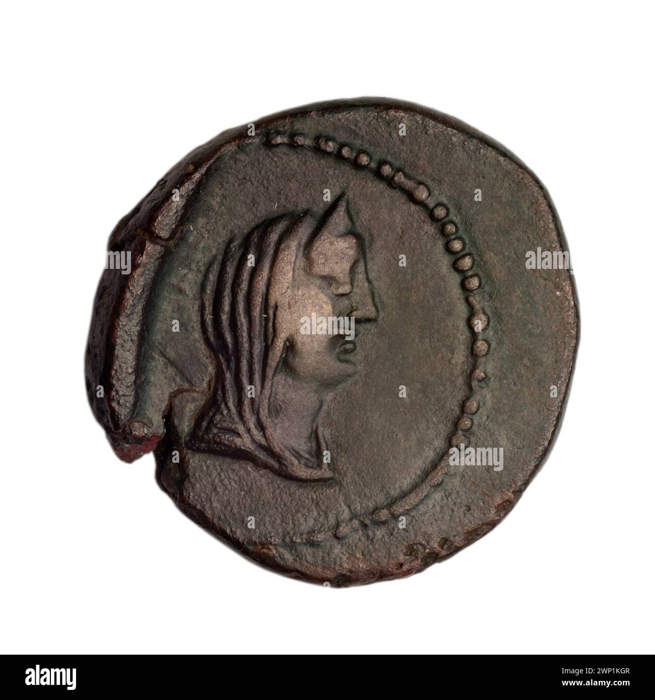 Une pièce de monnaie brune de Fanagoria, à la fin du Ier siècle av. J.-C., représentant Aphrodite et Aphrodite Urania. Les caractéristiques comprennent des têtes féminines avec des diadèmes et voiles, des navires et des prora. Inclus dans la collection Terlecki et acquis par achat. Banque D'Images