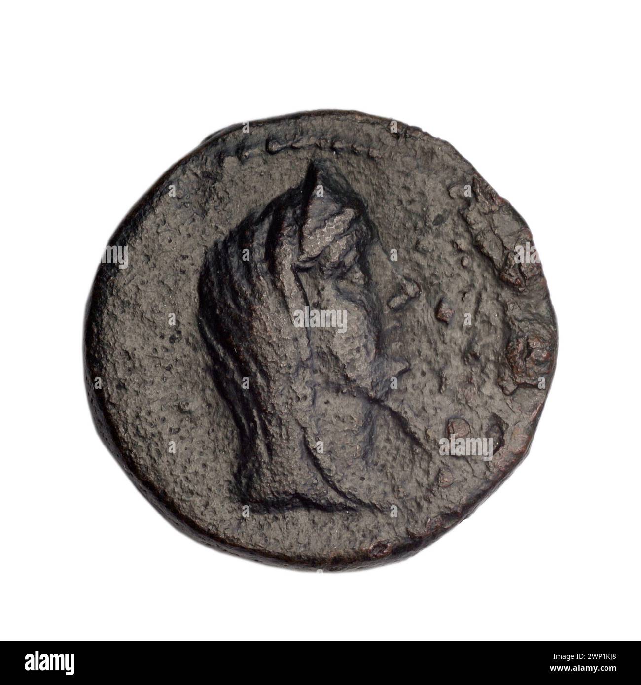 Une pièce brune de Fanagoria, datée de la fin du premier siècle av. J.-C.. La pièce représente Aphrodite et Aphrodite Urania, y compris des têtes de femmes avec des diadèmes et des voiles, aux côtés de symboles de navires, prora et balles. Une partie de la collection Terlecki, obtenue par achat. Banque D'Images