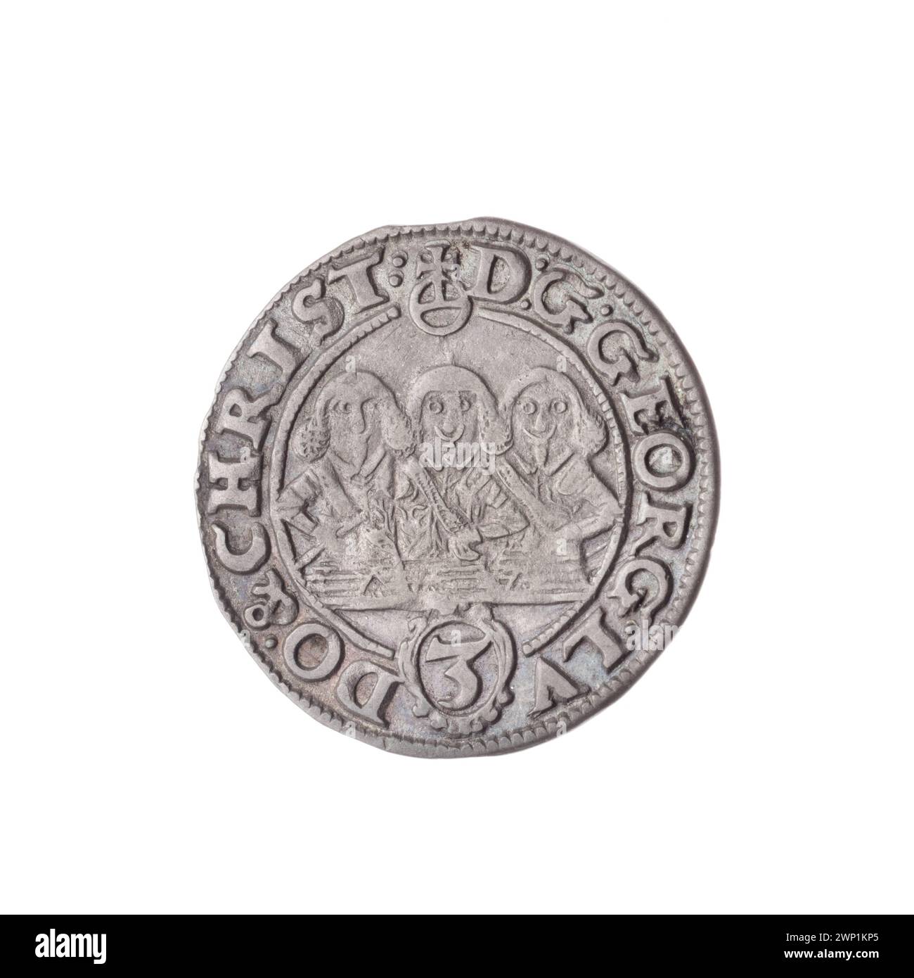 Cette pièce de monnaie de 1653 représente les princes Jerzy III, Ludwik IV et Christian avec des aigles de Silésie et des semi-portraits en face, reflétant l'iconographie de la famille Piast et la conception de pièces de monnaie de la Silésie du milieu du XVIIe siècle. Banque D'Images