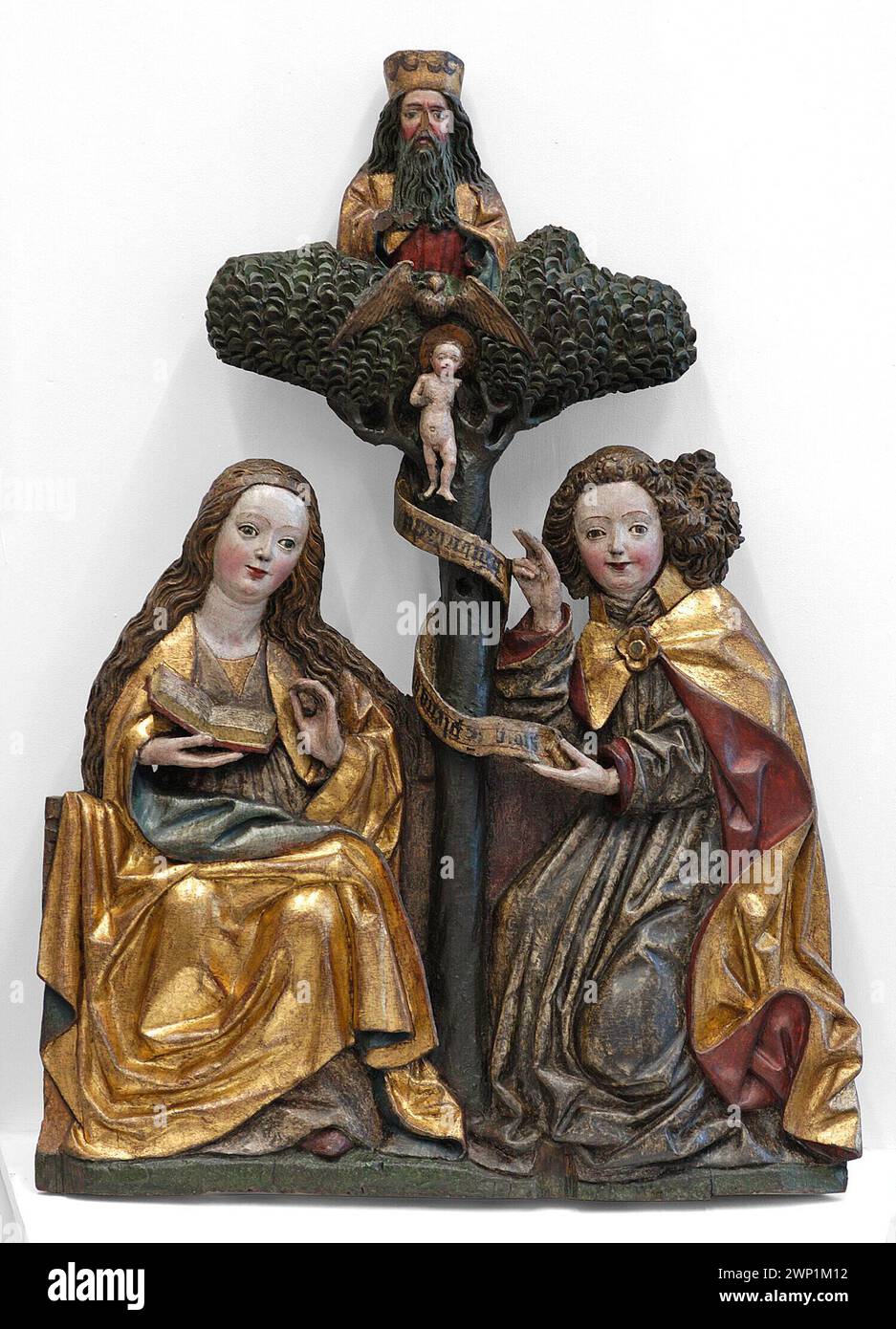 Une représentation vers 1480 de l'Annonciation créée par l'atelier du Maître du Polyptyque annonçant avec licorne, illustrant la Vierge Marie, Dieu le Père, et le Saint-esprit dans les religieux médiévaux multiples Banque D'Images Une représentation vers 1480 de l'Annonciation créée par l'atelier du Maître du Polyptyque annonçant avec licorne, illustrant la Vierge Marie, Dieu le Père, et le Saint-esprit dans les religieux médiévaux multiples Banque D'Images