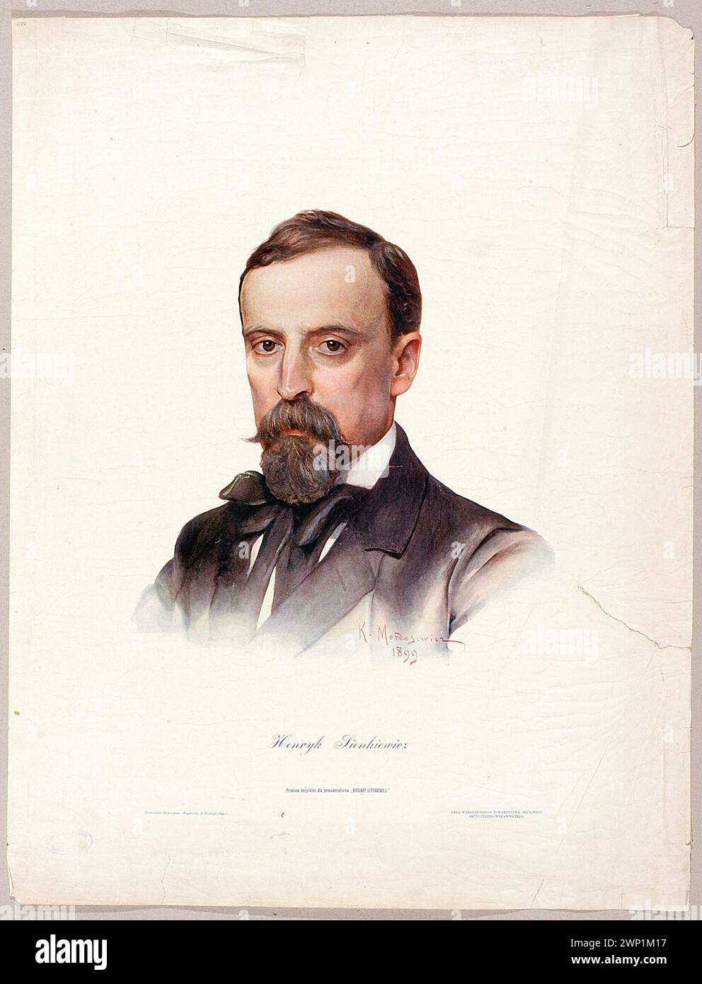 Portrait de Henryk Sienkiewicz, 1899 ; Premium direct for the Subscriber of 'Literary Feast' ; Mordasewicz, Kazimierz (1859-1923), Varsovie Artistic and Expectal Society (Varsovie ; Publisher) ; 1899 (1899-00-1899-00-00) ; Biesiada Literacka (Warsaw-magazine-1876-1917), Mordasewicz, Kazimierz (1859-1923), reproduction (1859-1923) Méyet, Leopold (1850-1912)-collection, Sienkiewicz, Henry (1846-1916), Sienkiewicz, Henryk (1846-1916) - iconographie, cadeau (provenance), écrivains, peinture, peinture polonaise, écrivains, Pologne (culture), portraits, portraits d'hommes, document testamentaire ( Banque D'Images