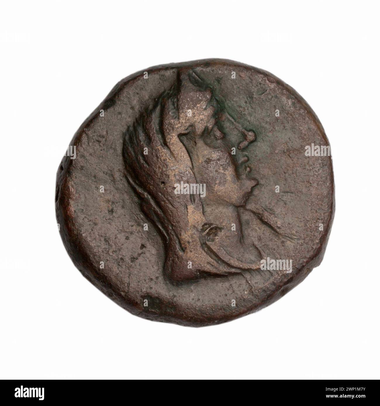 Pièce de monnaie brune Fanagoria de la fin du Ier siècle av. J.-C., représentant la tête, les navires et les balles d’Aphrodite Urania, qui fait partie de la collection d’Ignacy Terlecki. Banque D'Images