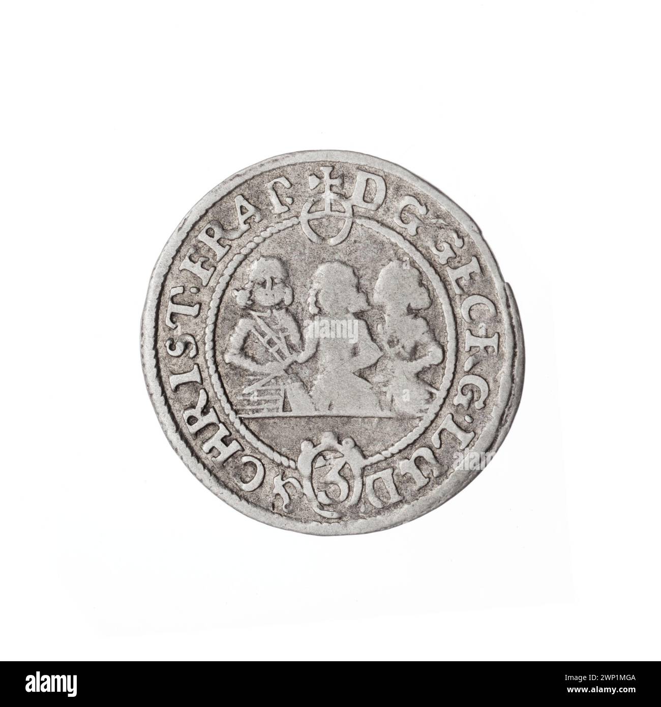 Cette pièce de 1653 3 Krajcary présente les princes Jerzy III, Ludwik IV et Christian avec des aigles de Silésie et des portraits semi-étouffés en face, avec la provenance du message, représentant l'iconographie royale de Piast. Banque D'Images
