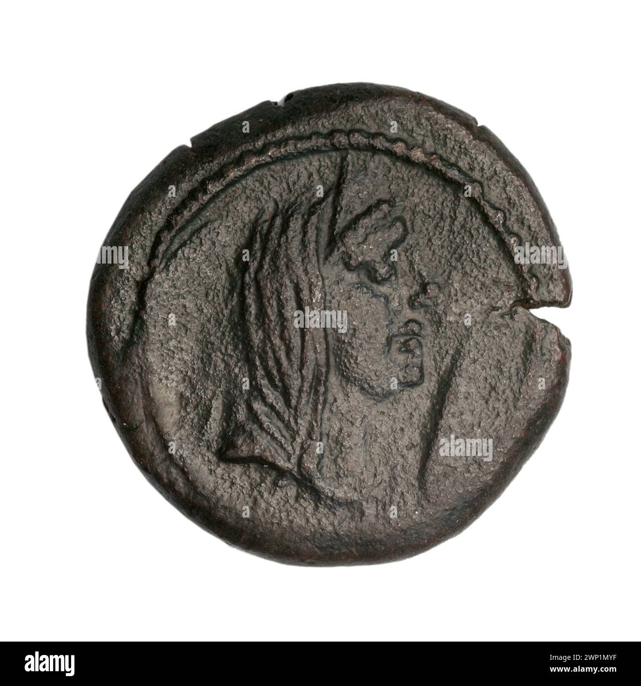 Une pièce de monnaie brune de Fanagoria, à la fin du Ier siècle av. J.-C., présentant l'iconographie d'Aphrodite et d'Aphrodite Urania, avec des têtes féminines en diadèmes et voiles, des navires, des prora et des balles. Inclus dans la collection Terlecki, obtenu par achat. Banque D'Images