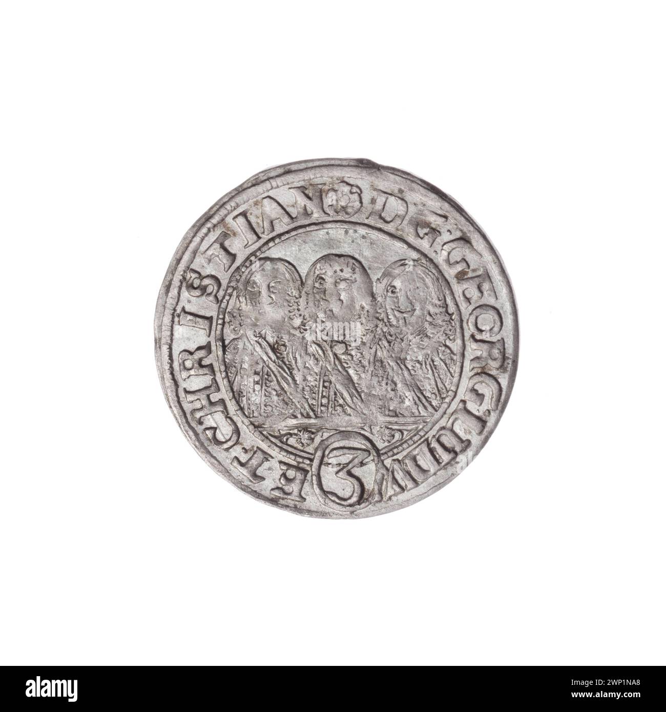 Cette pièce de 1651 3 Krajcary montre les princes Jerzy III, Ludwik IV et Christian avec des aigles de Silésie, des semi-portraits et des lettres V–T, représentant l'iconographie de la famille Piast. Banque D'Images