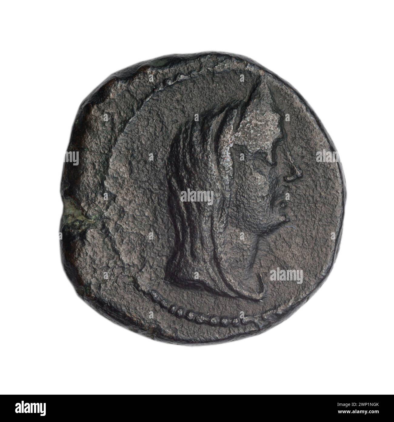 Une pièce de monnaie brune de Fanagoria, à la fin du Ier siècle av. J.-C., montrant la tête d’Aphrodite Urania et des navires, conservée dans la collection d’Ignacy Terlecki. Banque D'Images