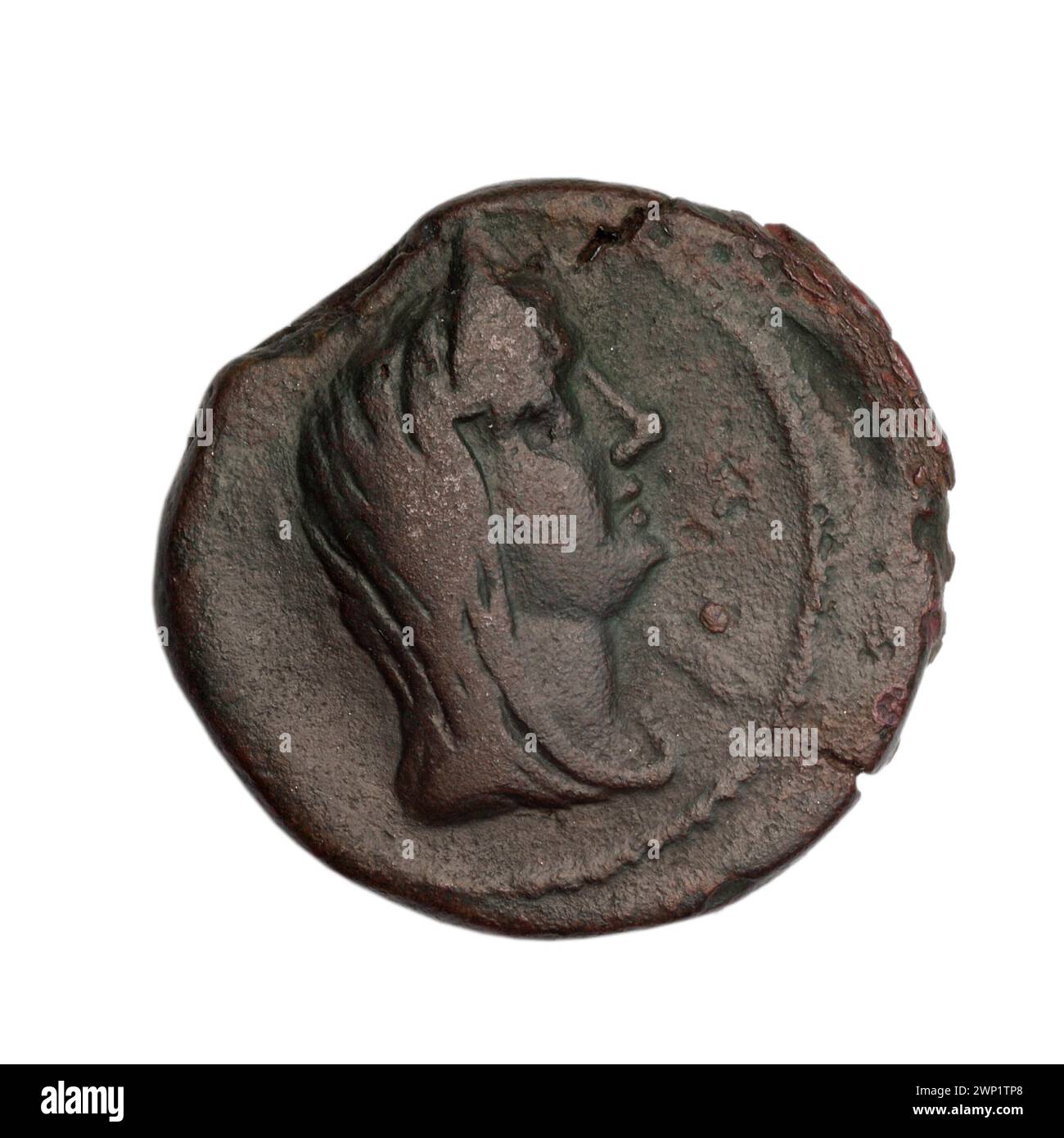 Une pièce de monnaie brune de Fanagoria, datant de la fin du premier siècle av. J.-C., représentant le chef d’Aphrodite Urania et de navires, qui fait partie de la collection d’Ignacy Terlecki. Banque D'Images