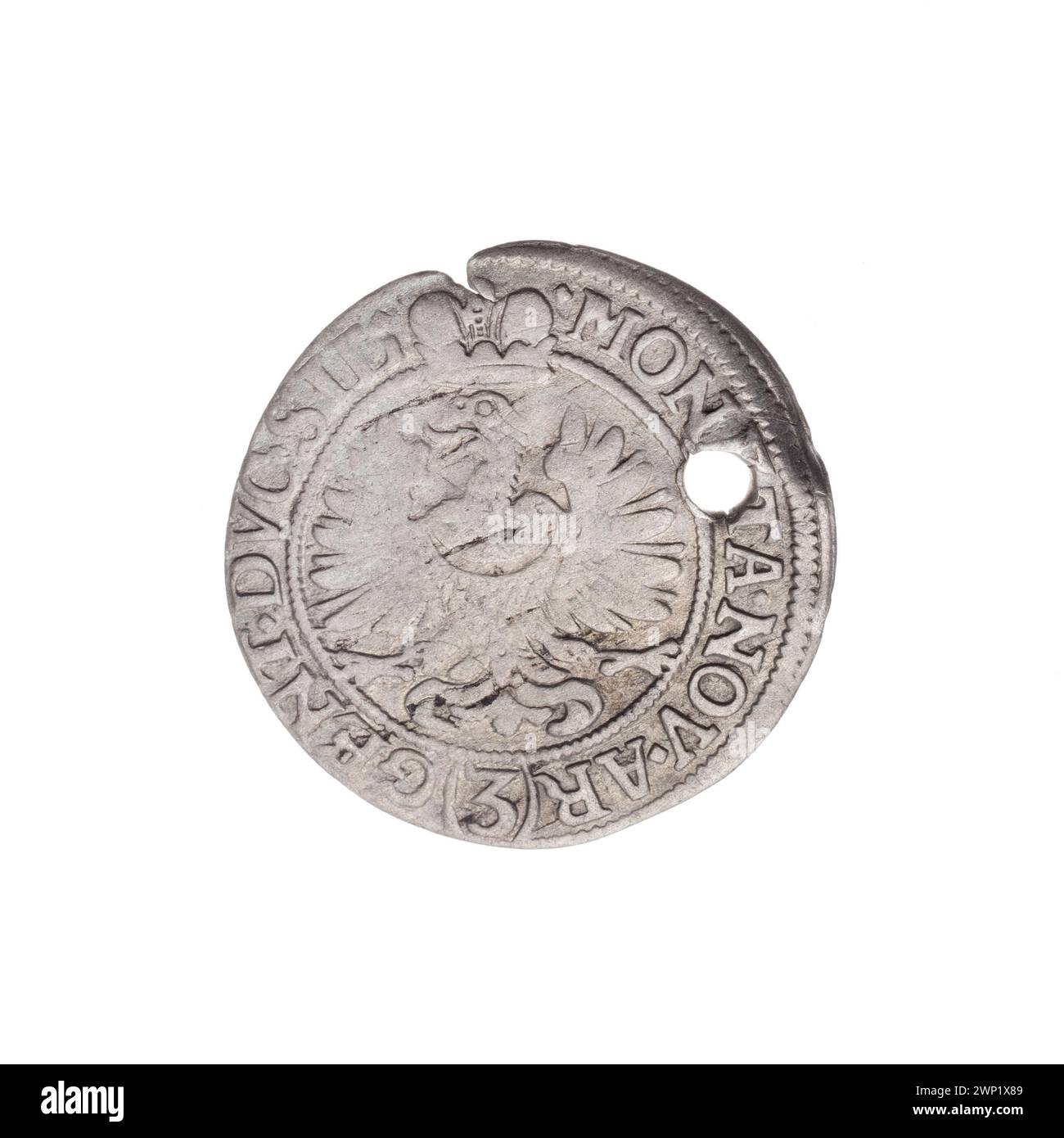 Pièce de 3 Krajcary émise en 1673 représentant Ludwika Anhalcka, régente de Legnica-Brzeska, conçue par Christoph Brettschneider, montrant les armoiries de Legnica et de Brest, l'iconographie de l'aigle de Silésie et les boucliers héraldiques sous la mitre du prince. Banque D'Images
