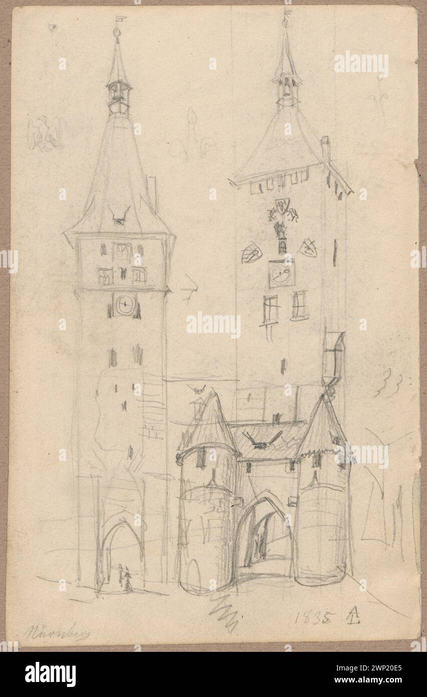 Nuremberg. Porte de la ville avec tours ; verso : Dresde. Croquis de maisons d'habitation, dessus de bâtiments, baies vitrées, supports et portails ; petit, Aleksander (1814-1884) ; 1835 (1835-00-00-1835-00-00) ; Dresde (Allemagne), Lesser, Aleksander (1814-1884), Lesser, Aleksander (1814-1884) - collections, petit, Emiljan Stanisław (Baron - 1847-1912), petit, Emiljan Stanisław (Baron - 1847-1912) - collection , petit, Wiktor Stanisław Zygmunt (Baron - 1853-1935), petit, Wiktor Stanisław Zygmunt (Baron - 1853-1935) - collection, Nuremberg (Allemagne), architecture, architecture, brique, architecture, architecture, tes Banque D'Images