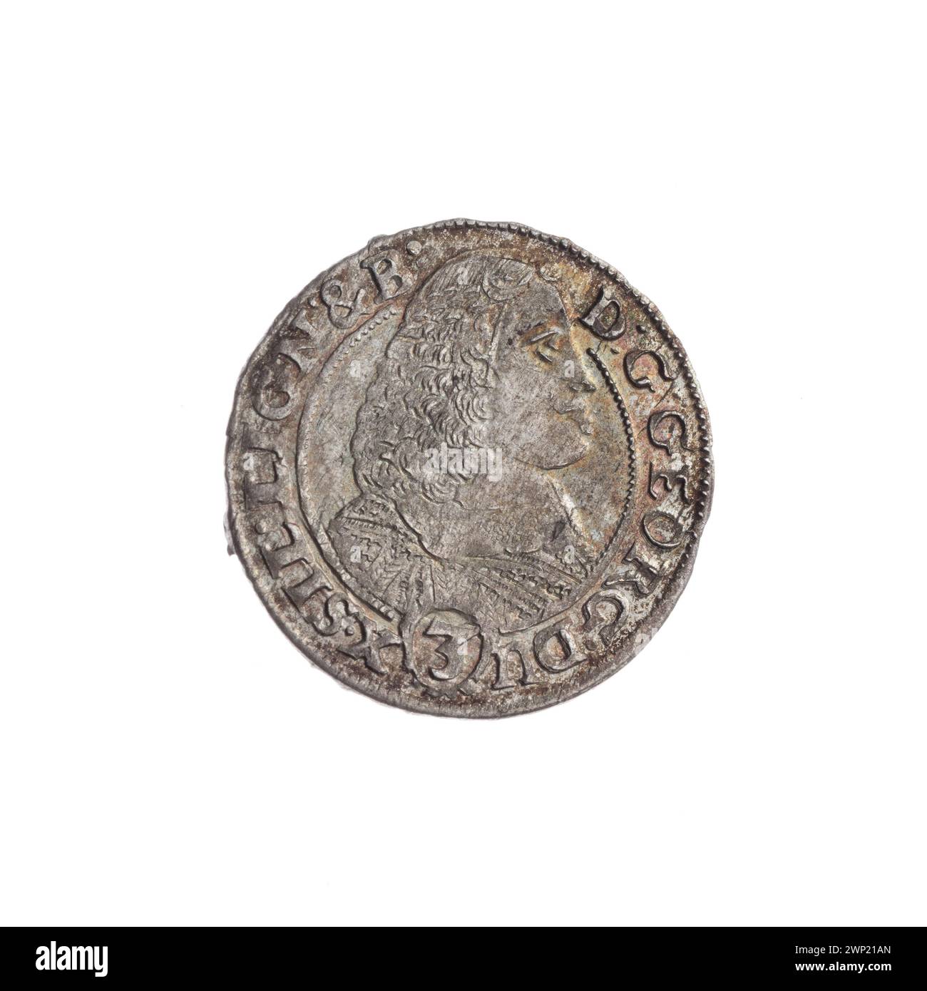 Pièce de monnaie de 3 Krajcary représentant Jerzy III, Prince de Brest et Legnica (1611-1664), représentant un buste masculin du souverain en armure, tourné vers la droite, avec iconographie de l'aigle de Silésie. Fait partie de l'iconographie de la famille Piast et du portrait historique. Banque D'Images