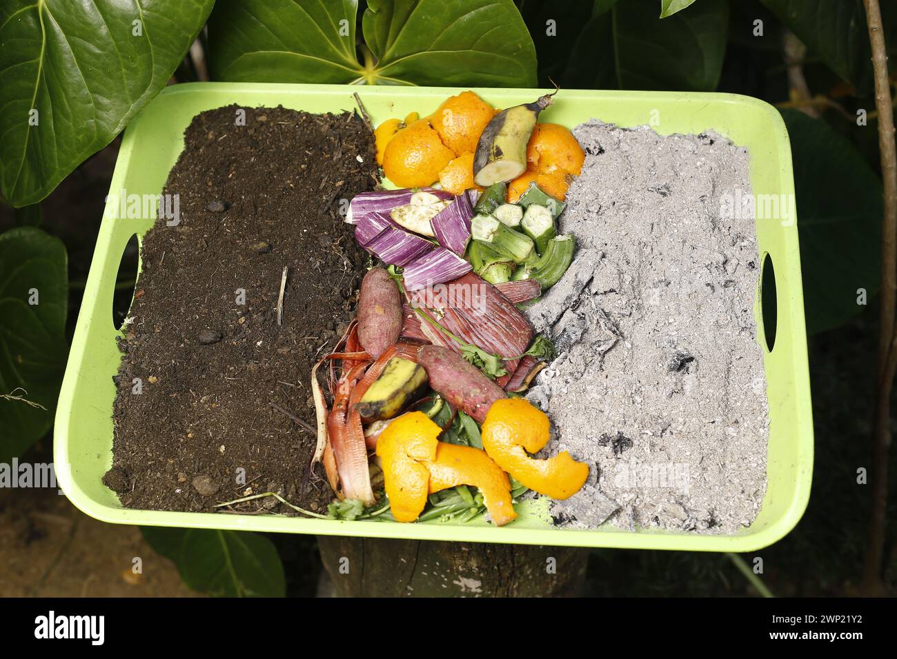 Le compost et le sol composté cycle comme un tas de compostage des déchets de cuisine en décomposition avec des fruits et légumes des déchets Déchets organiques se transforment en engrais Banque D'Images