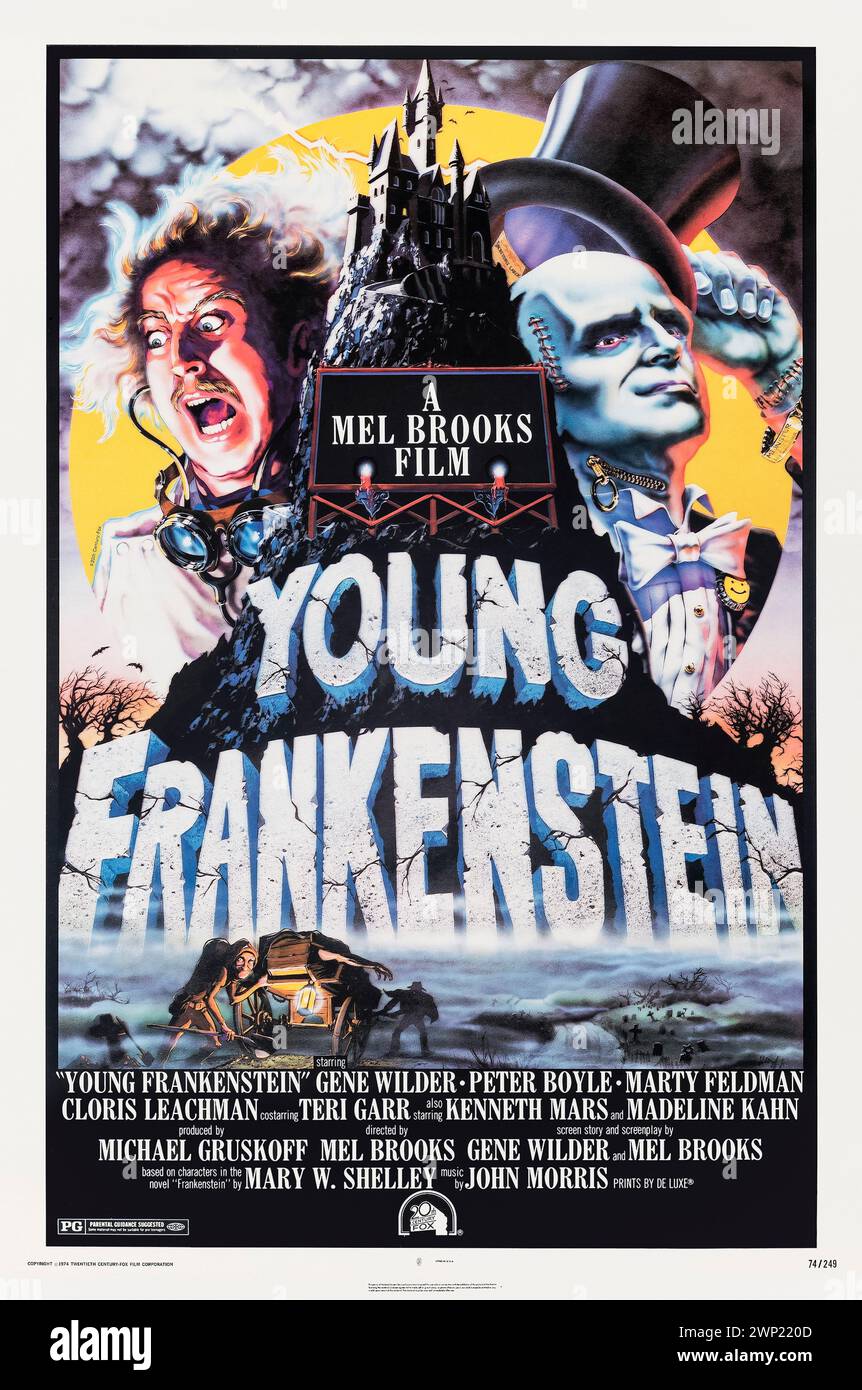 Young Frankenstein (1974) réalisé par Mel Brooks et mettant en vedette Gene Wilder, Madeline Kahn et Marty Feldman. Un petit-fils américain de l'infâme scientifique, luttant pour prouver que son grand-père n'était pas aussi fou que les gens le croient, est invité en Transylvanie, où il découvre le processus qui réanime un cadavre. Photographie d'une affiche originale américaine d'une feuille de 1974 représentant une œuvre d'art de John Alvin. ***USAGE ÉDITORIAL SEULEMENT*** crédit : BFA / Twentieth Century Fox Banque D'Images