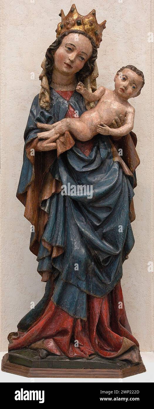 Une représentation du début du XVe siècle de la Vierge de Kazimierz Dolny sur la Vistule, illustrant le style gothique, les figures de procession et les décors de l'église, associée à des expositions d'art gothique polonais. Banque D'Images