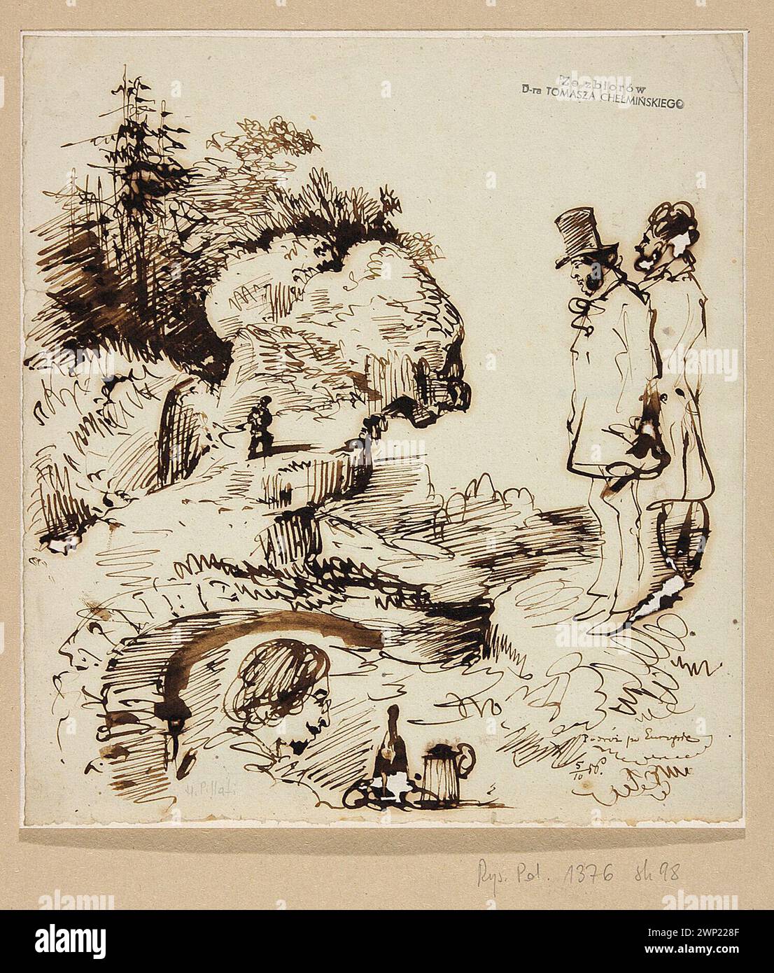 Voyage après l'Europe '-dans les montagnes dans les montagnes ; U à : buste de l'artiste ; Pillati, Henryk (1832-1894) ; 1856 (1856-00-00-1856-00-00) ; le Musée national de Varsovie a été téléchargé de la Muse ; dessin / plume, dessin / encre / encre / encre fer-galasa; produits de W Dzkien / papier / papier sur papier ; hauteur 23,5 cm, largeur 21,3 cm ; Fig. Droits réservés.Chełmiński, Tomasz (CA 1896-1940) - collection, Chrząński, Teodor (1821-1887) - iconographie, Chrząński, Teodor (1821-1887) - collections, pillati, Henryk (1832-1894) - iconographie, autoportraits, cadeau (provenance), peintres, voyages Banque D'Images