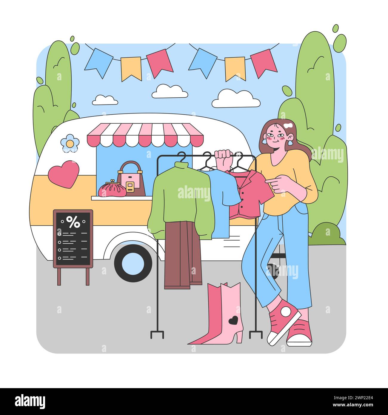 Expérience Boutique mobile. Une femme à l'expression joyeuse parcourt les vêtements d'une fourgonnette transformée en magasin. Drapeaux festifs, journée ensoleillée et offres à prix réduit. Illustration vectorielle plate Illustration de Vecteur