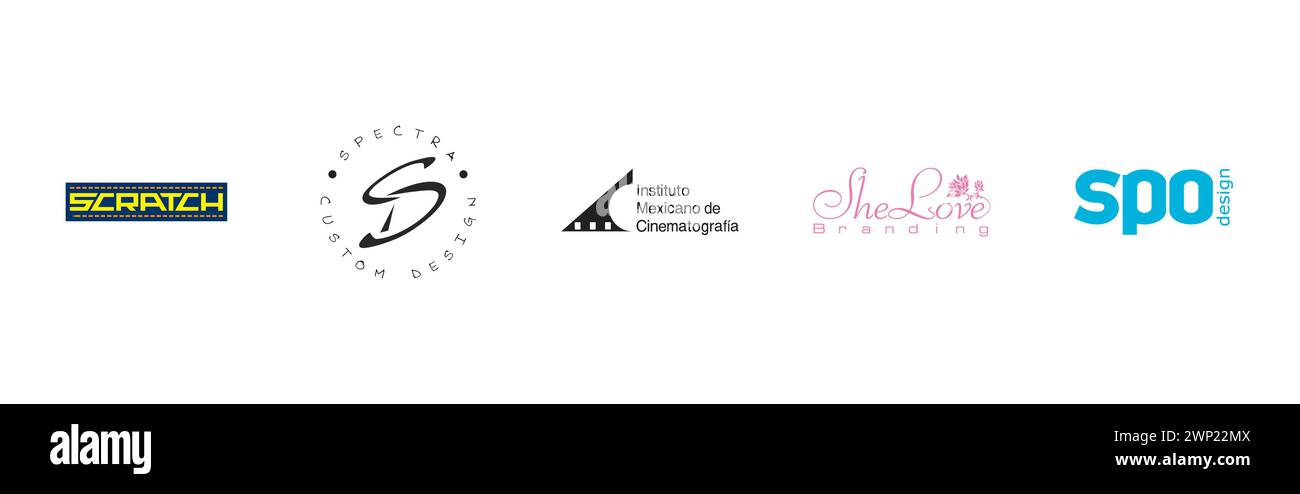 Scratch film, Shelovebranding, Spectra Custom Design, SPO Design, Instituto Mexicano de Cinematografia . Collection de logos d'arts éditoriaux et de design. Illustration de Vecteur