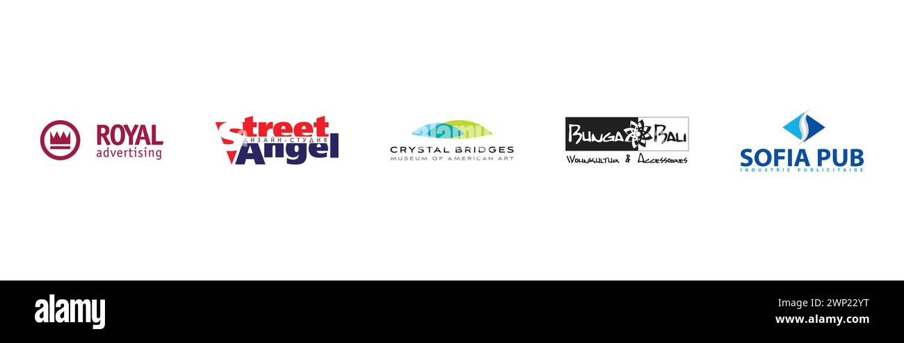 DS Street Angel, Royal Advertising, Sofia Pub, Crystal Bridges, Bunga-Bali. Collection de logos d'arts éditoriaux et de design. Illustration de Vecteur