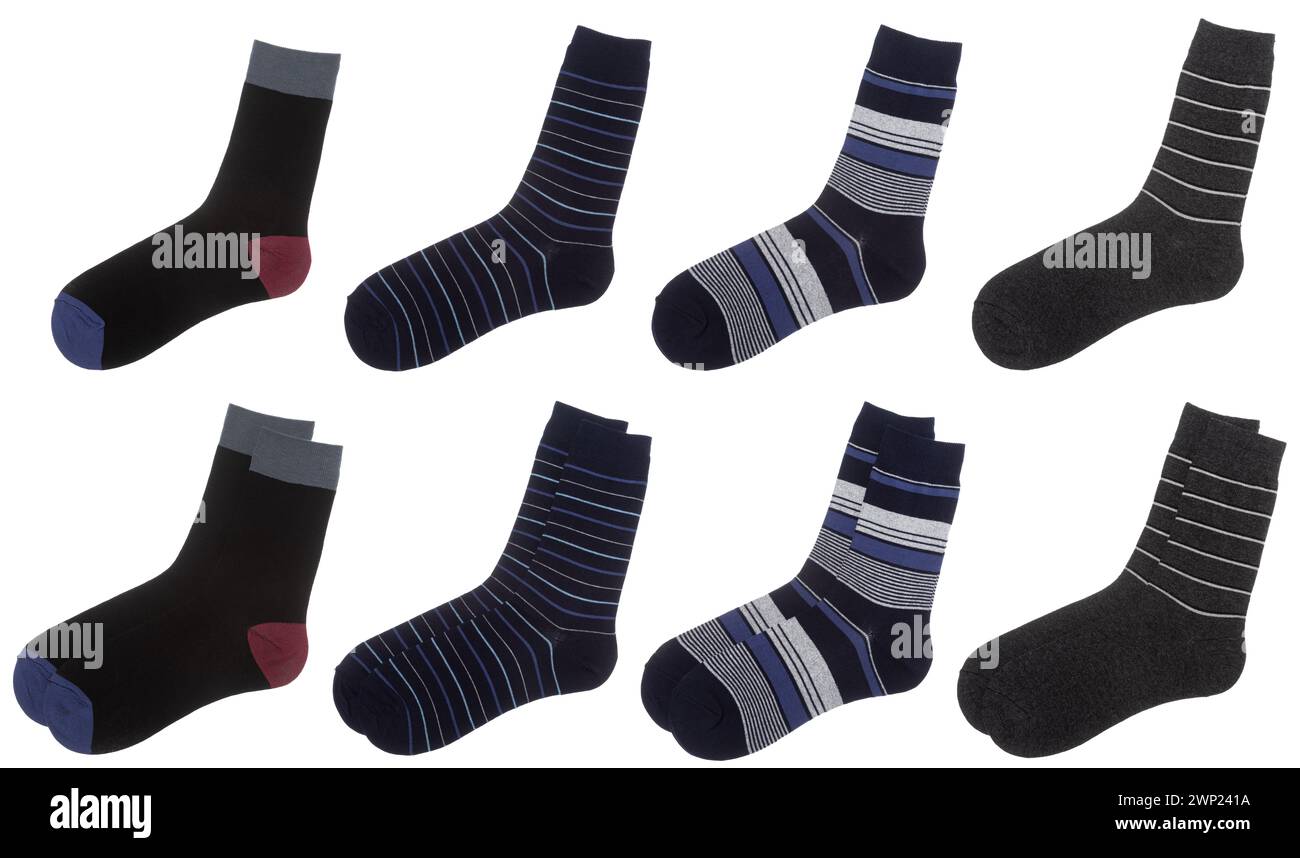 Collection de différentes chaussettes pour hommes avec des motifs classiques et des couleurs Unies avec des détails contrastés de talon et de pointe affichés sur un fond blanc Banque D'Images