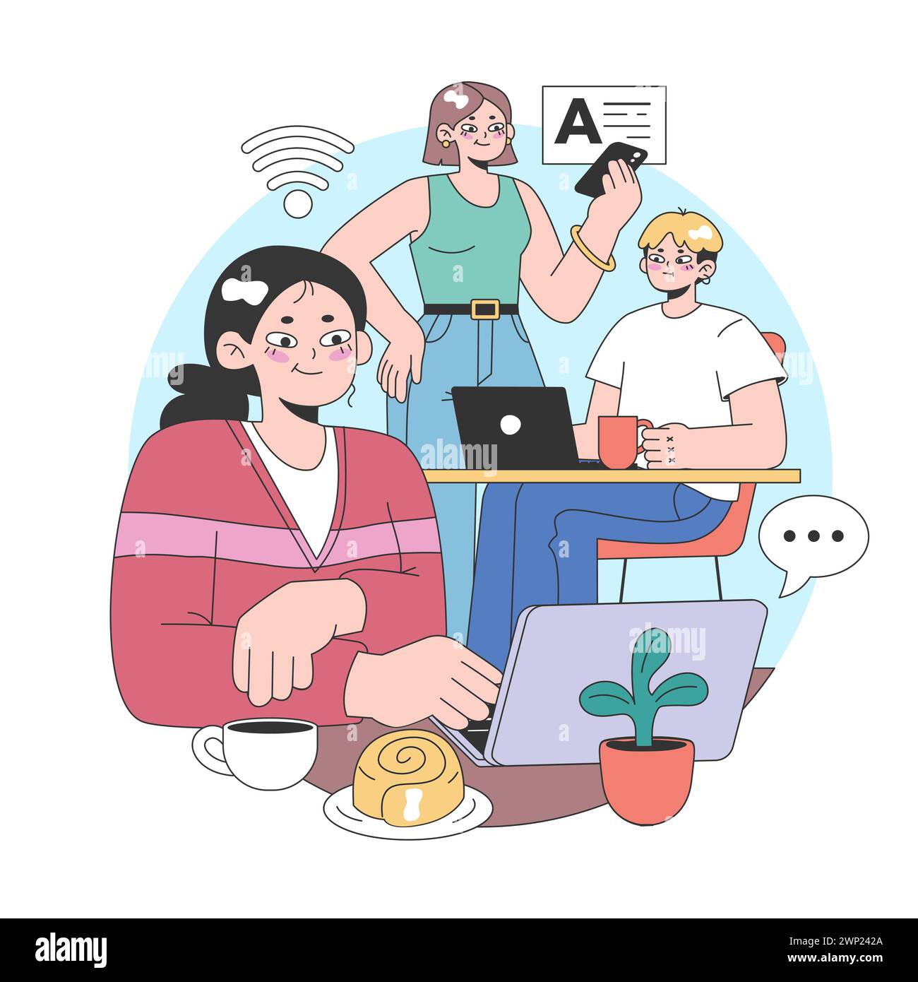 Idée de troisième place. Environnement social, séparé de la maison et du lieu de travail. Construction de la vie communautaire, interaction des personnes et zone de communication. Illustration vectorielle plate Illustration de Vecteur