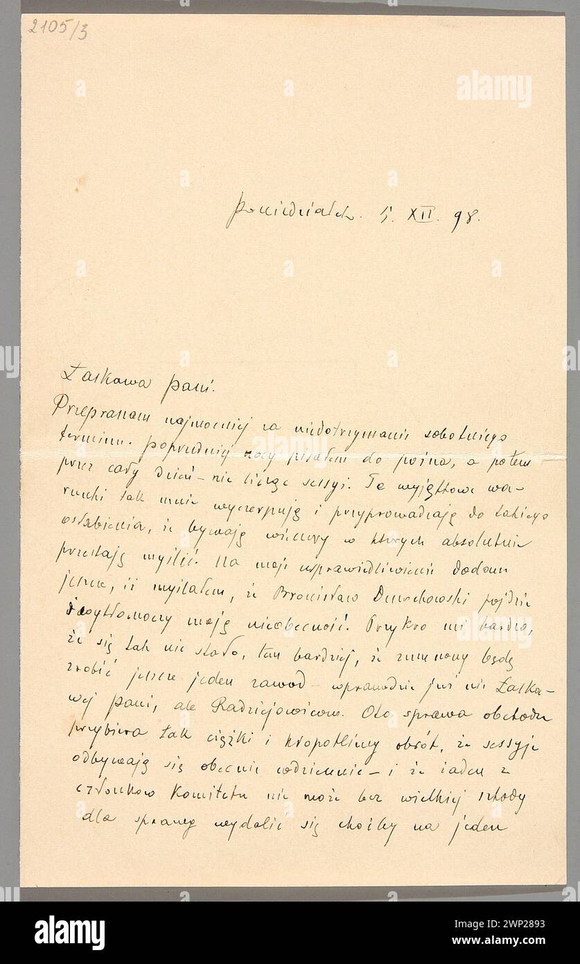 Lettre au livre Franciszka Woroniecka ; Sienkiewicz, Henryk (1846-1916) ; 5.12.1898 (1898-00-00-1898-00-00) ; Radziejowice (Voïvodie Masovian), Sienkiewicz, Henryk (1846-1916), Woroniecka, Franciszek née Krasiński (1872-1952) iconographie, Woroniecki, Adam (1901-1980)-collection, Polonais (culture) Banque D'Images