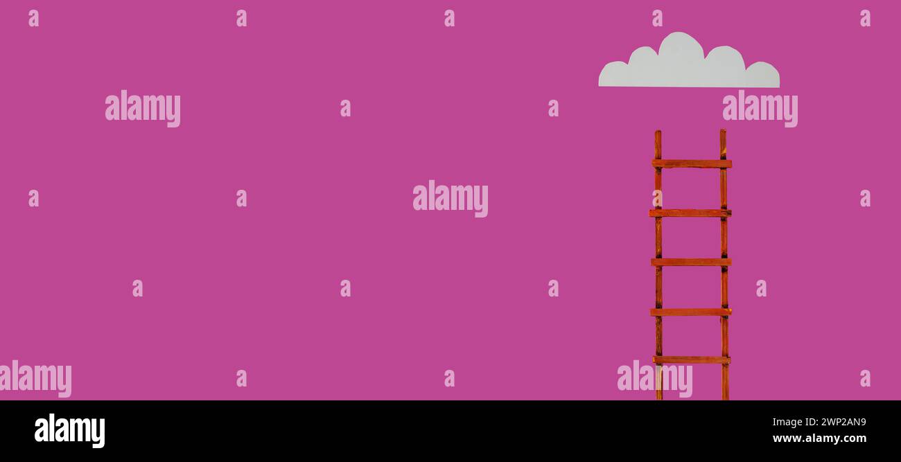 Atteindre un objectif et penser différemment, créativité, vision, concept d'entreprise d'idée. Échelle de succès, et nuage sur fond rose, espace de copie libre Banque D'Images