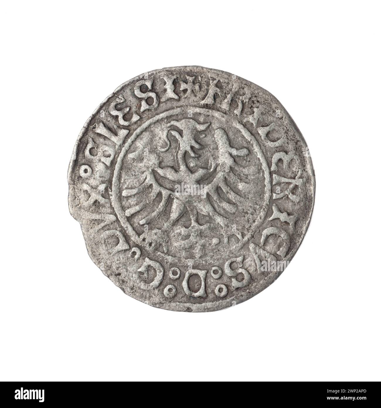 Une pièce représentant Fryderyk II, duc de Brzeg-Legnica (1480-1547), montrant un aigle de Silésie et un modèle d'église. Recueilli par Jan Szymański, il représente l'héraldique médiévale et le patrimoine numismatique de Silésie. Banque D'Images