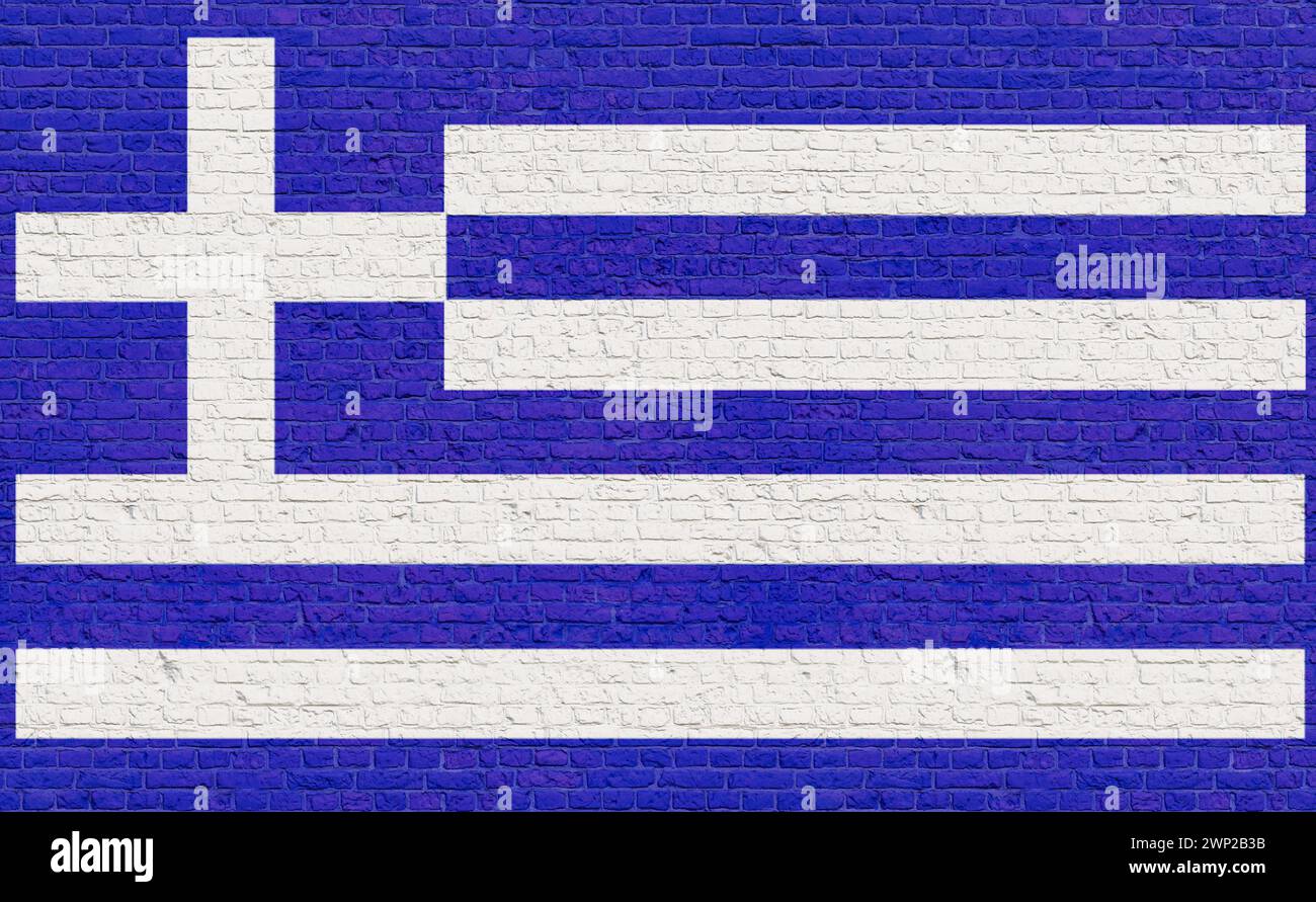 Couleurs du drapeau grec peintes sur un mur de briques. Couleurs du drapeau grec peintes sur un mur de briques. Couleurs nationales, pays, bannière, gouvernement, culture grecque, politique. country flag brick wall grèce Banque D'Images