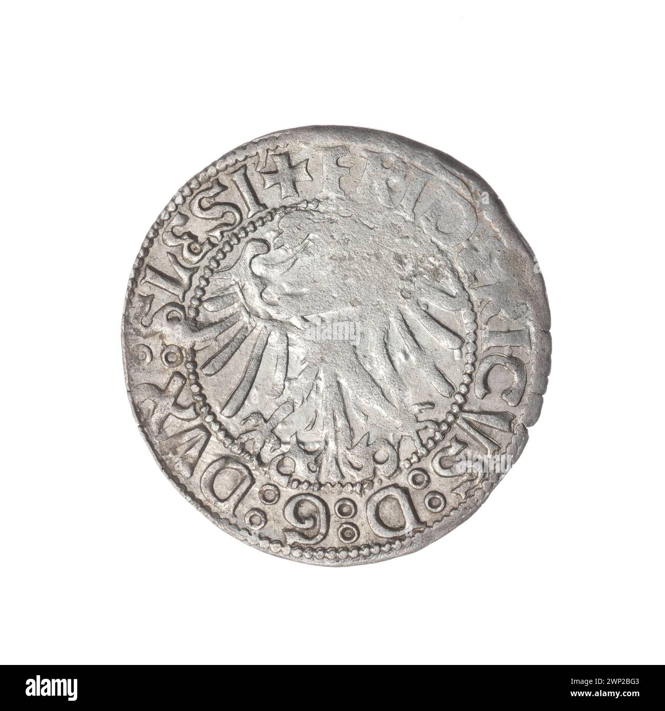 Une pièce montrant Fryderyk II, Duc de Brzeg-Legnica (1480-1547), avec l'aigle de Silésie et l'iconographie du modèle d'église, reflétant l'héraldique historique de Silésie. Conservé dans la collection de Jan Szymański. Banque D'Images