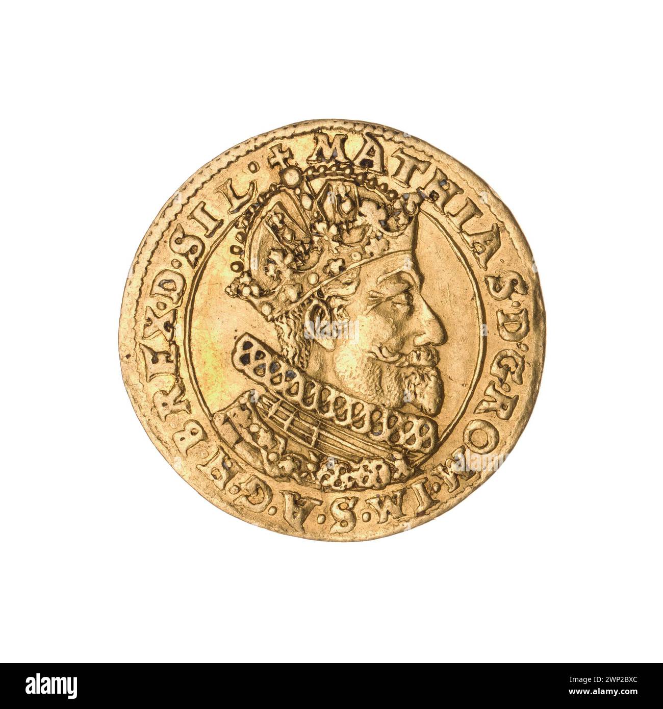 Ducat ; Maciej II Habsbourg (empereur germano-romain ; 1557-1619) ; 1613 (1613-00-00-1613-00) ; Habsbourg (famille), Maciej II (empereur germano-romain-1557-1619), Maciej II (empereur germano-romain-1557-1619)-iconographie, ordre de la Runa d'Or, Wrocław (armoiries), écapeute municipale (iconogr. buste masculin dans la crise, buste masculin en armure, portrait masculin à droite, portraits, portraits de dirigeants, bouclier à quatre pistes avec champ cardiaque, armoiries, boucliers, boucliers Banque D'Images