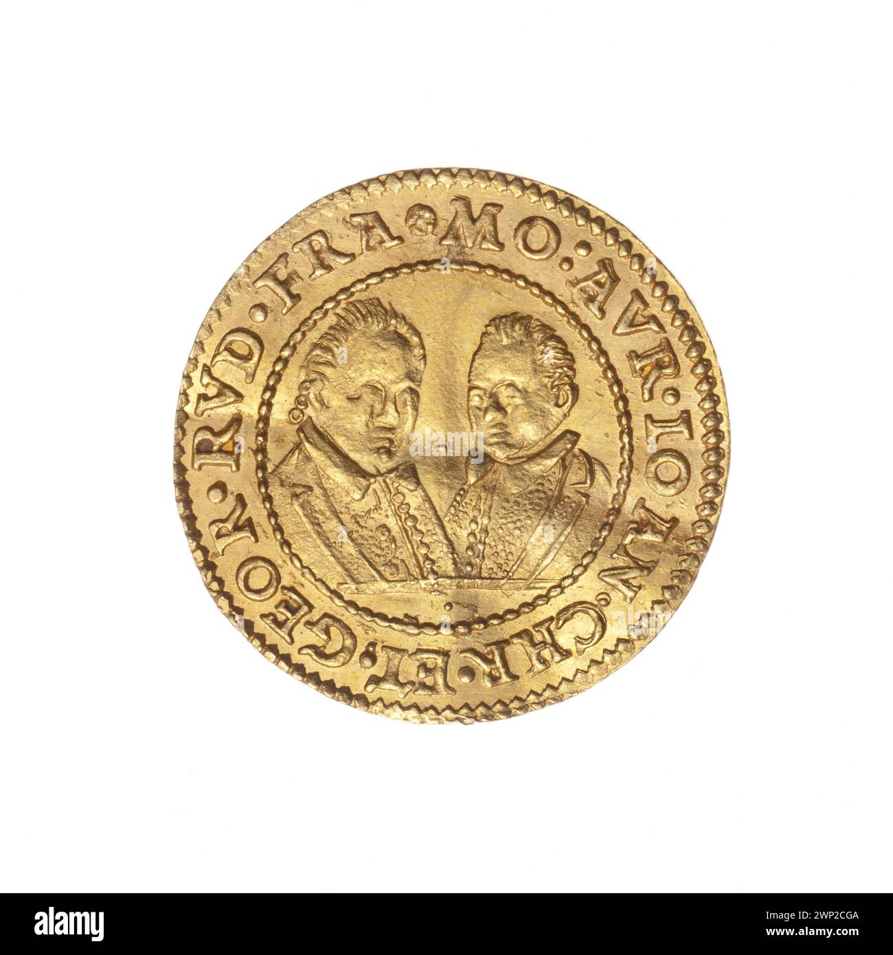 Un ducat de 1606 illustrant Jan Christian de Brest et Jerzy Rudolf de Legnica, avec des portraits de buste double, des armoiries de leurs duchés respectifs et une représentation iconographique de la famille Piast. Banque D'Images