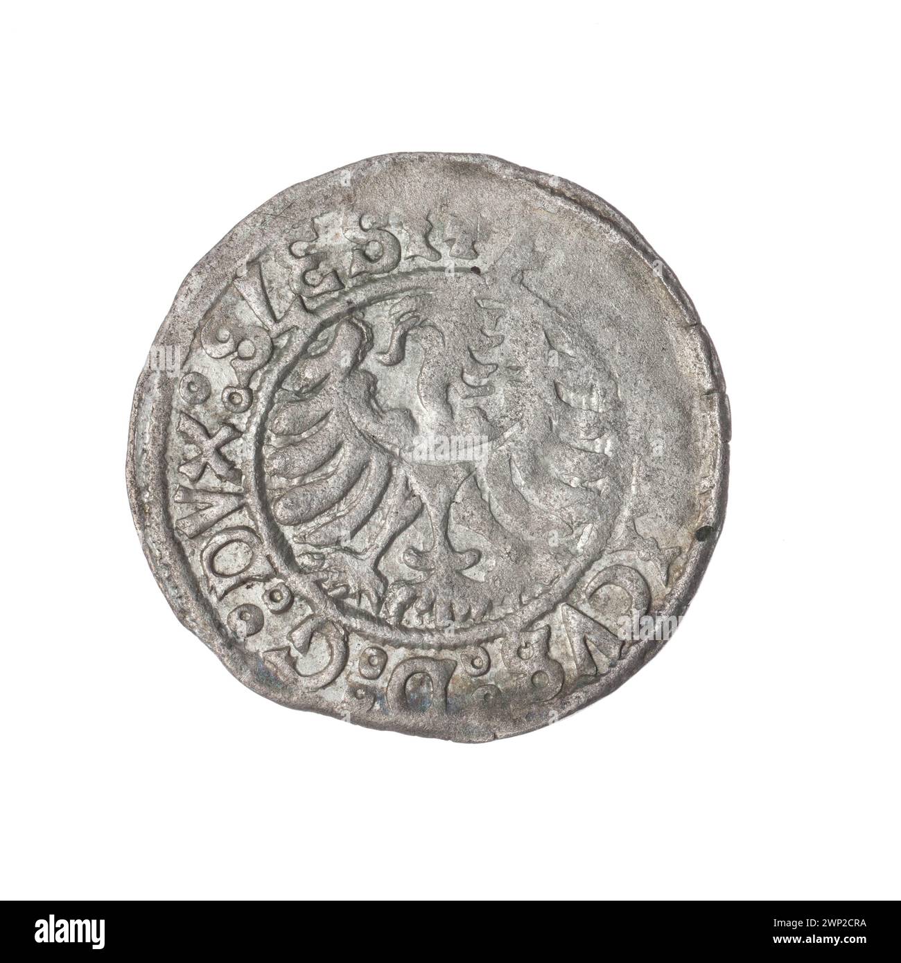 Une pièce représentant Fryderyk II, duc de Brzeg-Legnica (1480-1547), avec l'aigle de Silésie et l'iconographie du modèle d'église, recueillie par Jan Szymański, représentant la tradition héraldique de Silésie. Banque D'Images