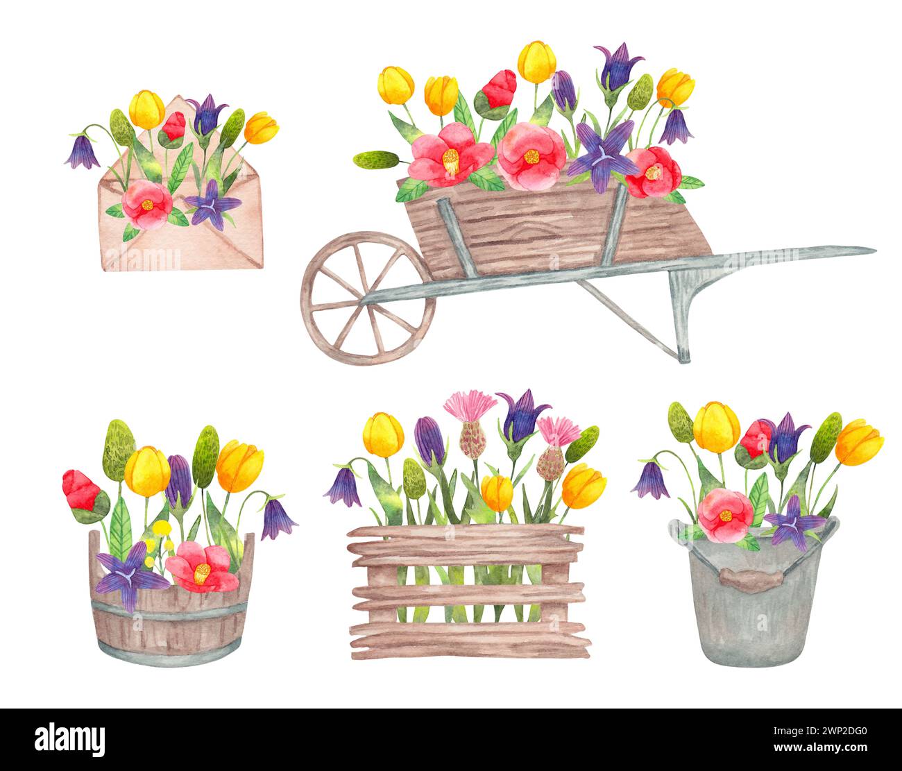 Collection d'objets en bois avec des fleurs.illustration aquarelle. Clip art botanique printanier pour Pâques.Art isolé dessiné à la main.décoration saisonnière Banque D'Images