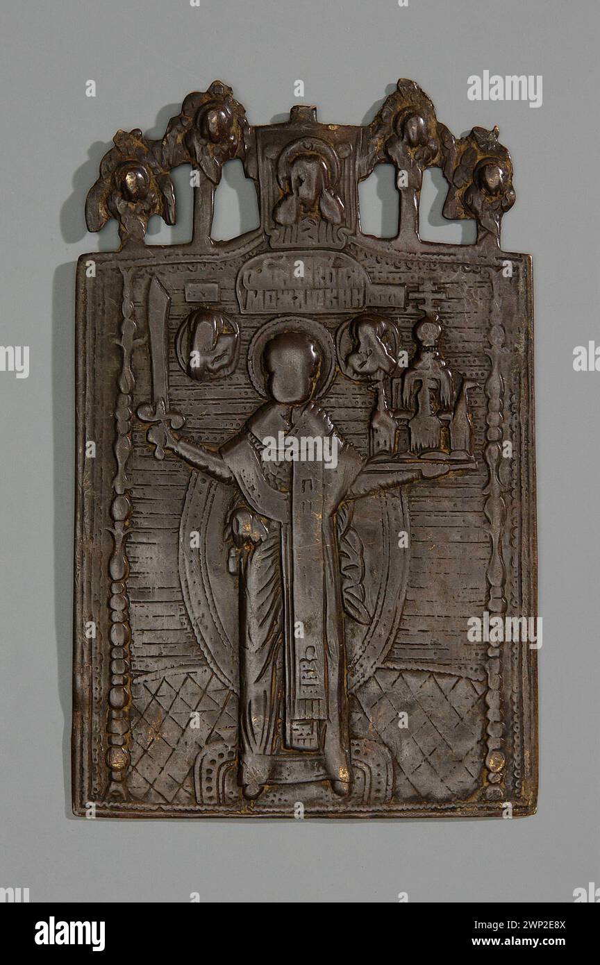 Icône : atelier inconnu de l'ancienne coque de poppers ; 19ème siècle (1801-00-00-1900-00-00);Jésus Christ, mandillon (iconogr.), Maria (mère de Jésus Christ), Mikołaj née Lycska (Saint - CA 270- CA 345), évêques, chérubins, icônes, inscriptions, maforion (iconogr.), villes, épées, épées, omoformion (iconogr.), saints Banque D'Images