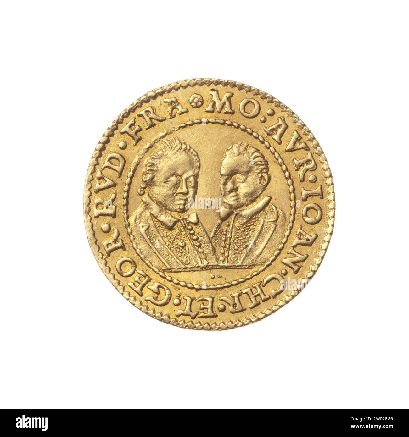 Un ducat de 1605 représentant Jan Christian, prince de Brest (1591-1639), et son frère Jerzy Rodolphe, prince de Legnica (1595-1653), montrant les deux dirigeants en double portrait avec bustes et armoiries du duché de Brest et du duché de Legnica-Brzeski. Banque D'Images