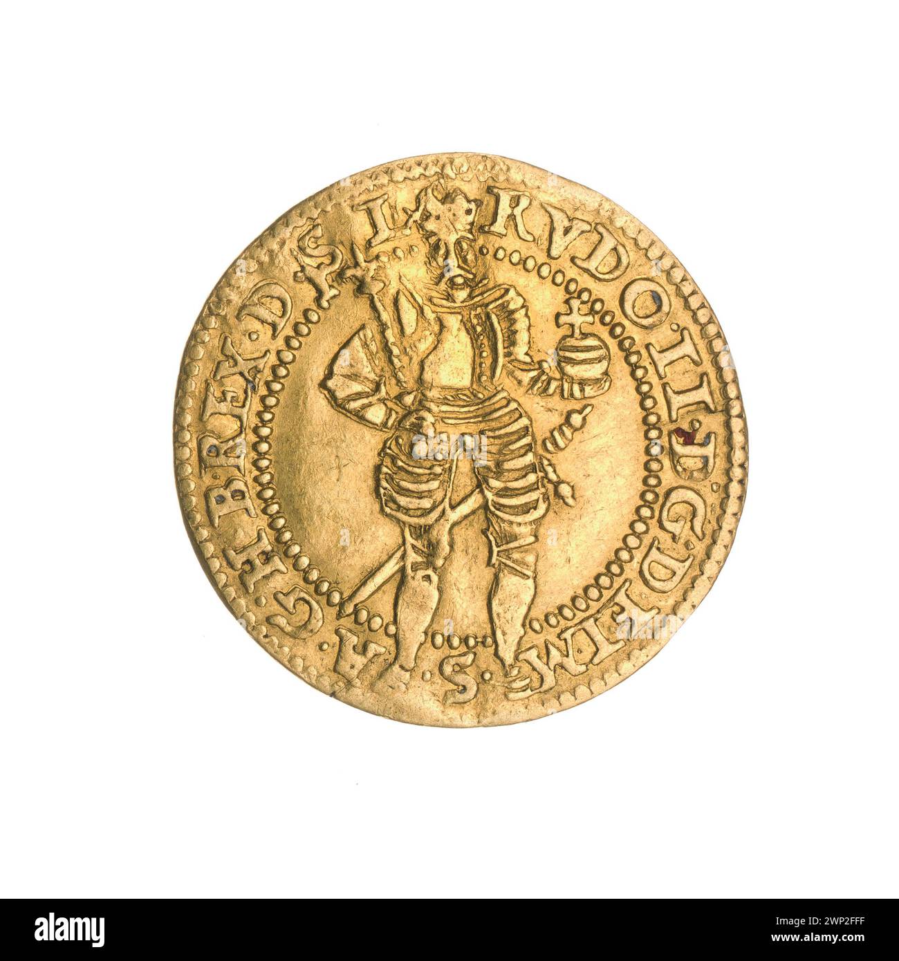 Ducat ; Rodolphe II Habsbourg (empereur germano-romain ; 1576-1612) ; 1577 (1577-00-00-1577-00);Habsbourg (famille), Rodolphe II (empereur germano-romain-1552-1612), Rodolphe II (empereur germano-romain-1552-1612)-iconographie, Wrocław (Herb , buste masculin, interdictions masculines dans la crise, buste masculin en armure, portraits, portraits, portraits, portraits, portraits d'en face avec un sceptre et une pomme de règne, Portraits en pied, bouclier à quatre pistes avec champ de coeur, boucliers, boucliers d'armoiries Banque D'Images