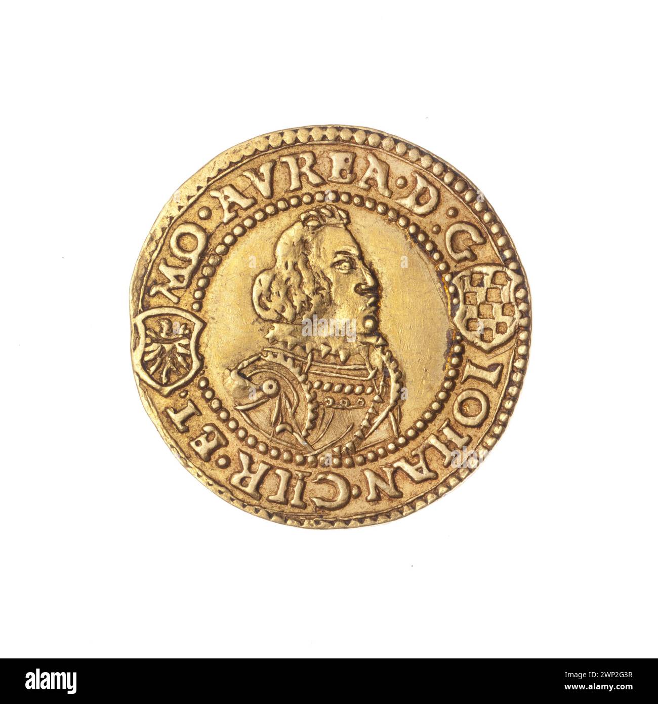 Un ducat de 1610 représentant Jan Christian de Brest et Jerzy Rodolphe de Legnica, avec des portraits doubles en armure de parade, bustes gauche et droite, lettres CT, boucliers et armoiries de Brest et Legnica-Brzeski, représentant la famille Piast. Banque D'Images