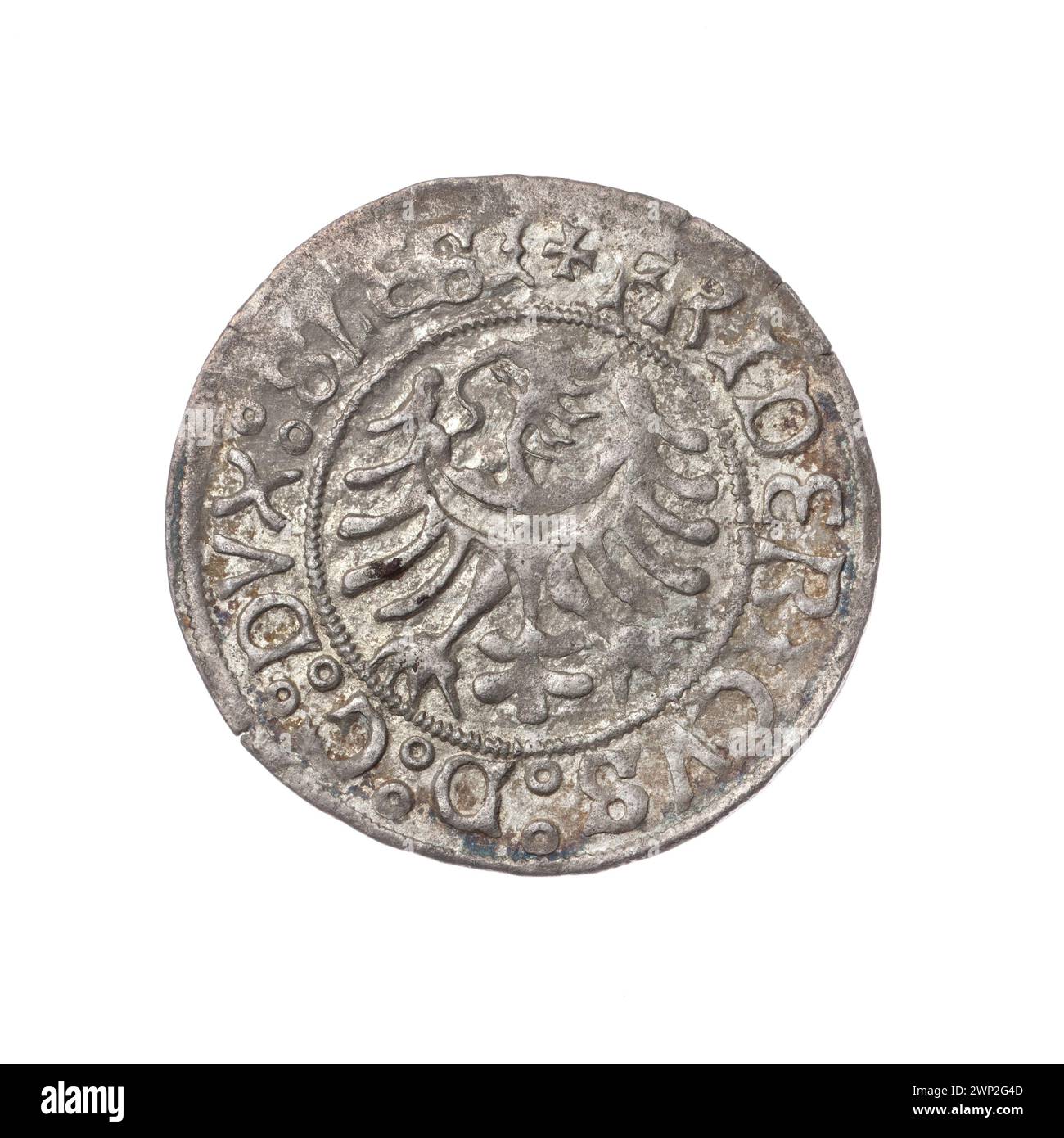 Pièce représentant Fryderyk II, duc de Brzeg-Legnica (1480-1547), représentant l'iconographie de l'aigle de Silésie et le modèle de l'église, collectée par Jan Szymański. Partie de l'héraldique historique silésienne et des études numismatiques. Banque D'Images