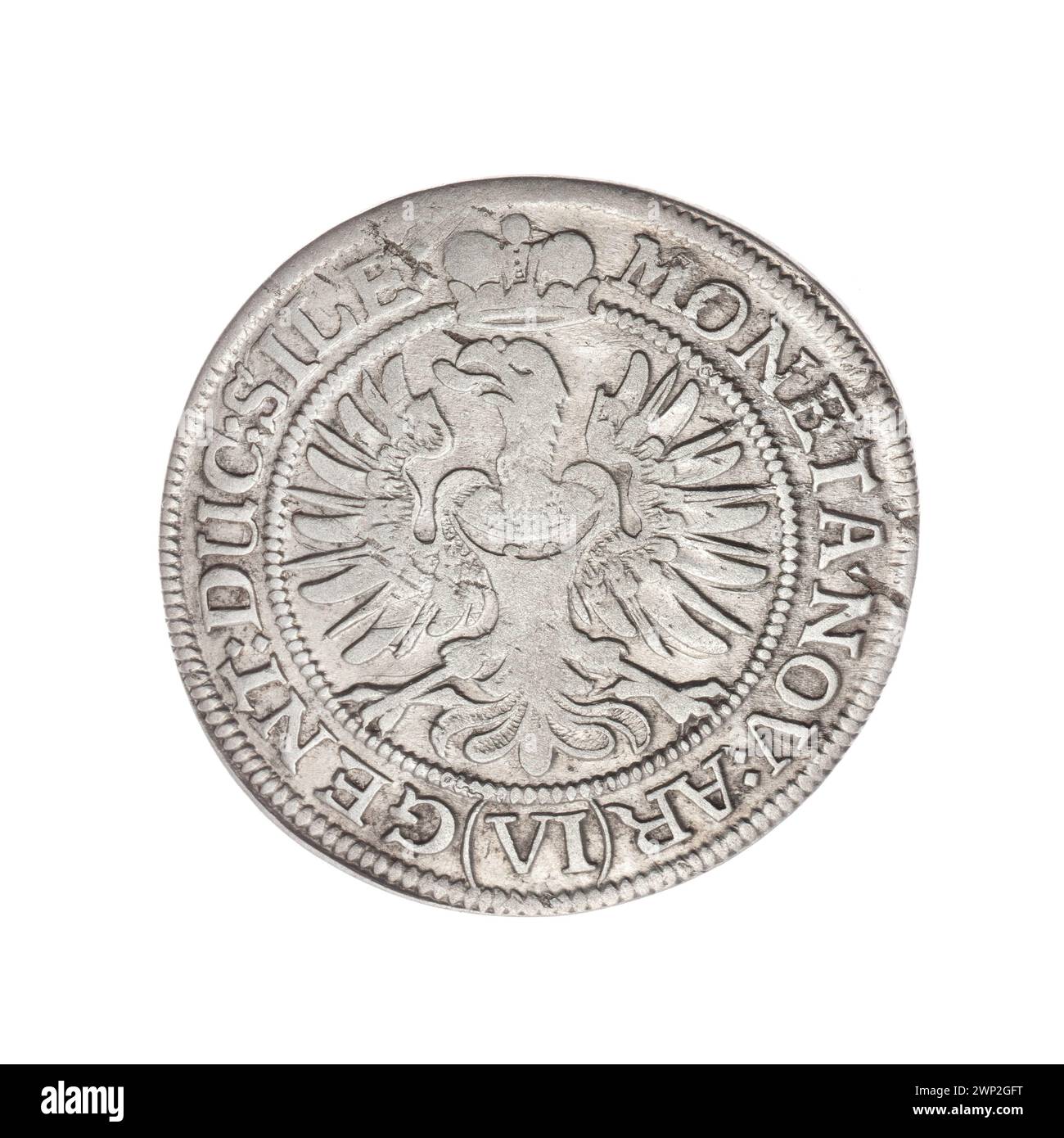 Pièce de 6 krajcars émise en 1673 représentant Ludwika Anhalcka, régente de Legnica-Brzeska, avec les armoiries de Legnica et de Brest, l'iconographie de l'aigle de Silésie et des boucliers héraldiques sous la mitre du prince. Banque D'Images