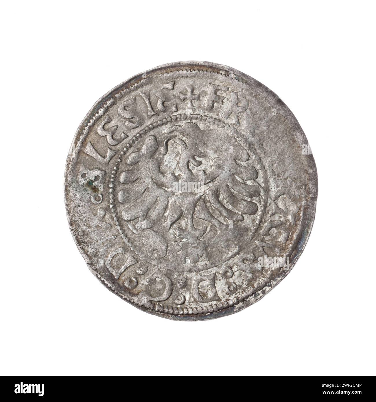 Une pièce représentant Fryderyk II, duc de Brzeg-Legnica (1480-1547), montrant l'aigle de Silésie et l'iconographie du modèle d'église, recueillie par Jan Szymański. Représente l'héraldique historique de Silésie et la numismatique médiévale. Banque D'Images