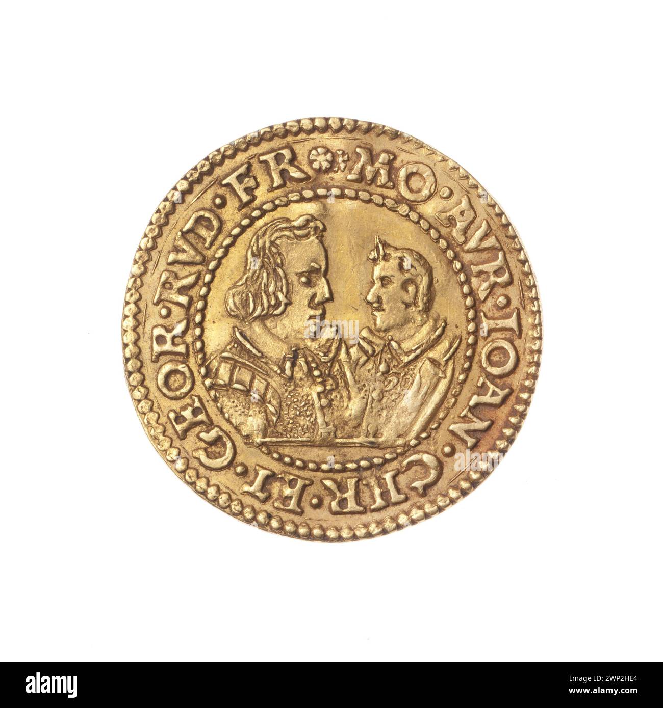 Un ducat de 1609 montrant Jan Christian de Brest et Jerzy Rodolphe de Legnica face à face, avec des portraits de bustes doubles, des armoiries de Brest et Legnica-Brzeski, et une iconographie de la famille Piast. Banque D'Images