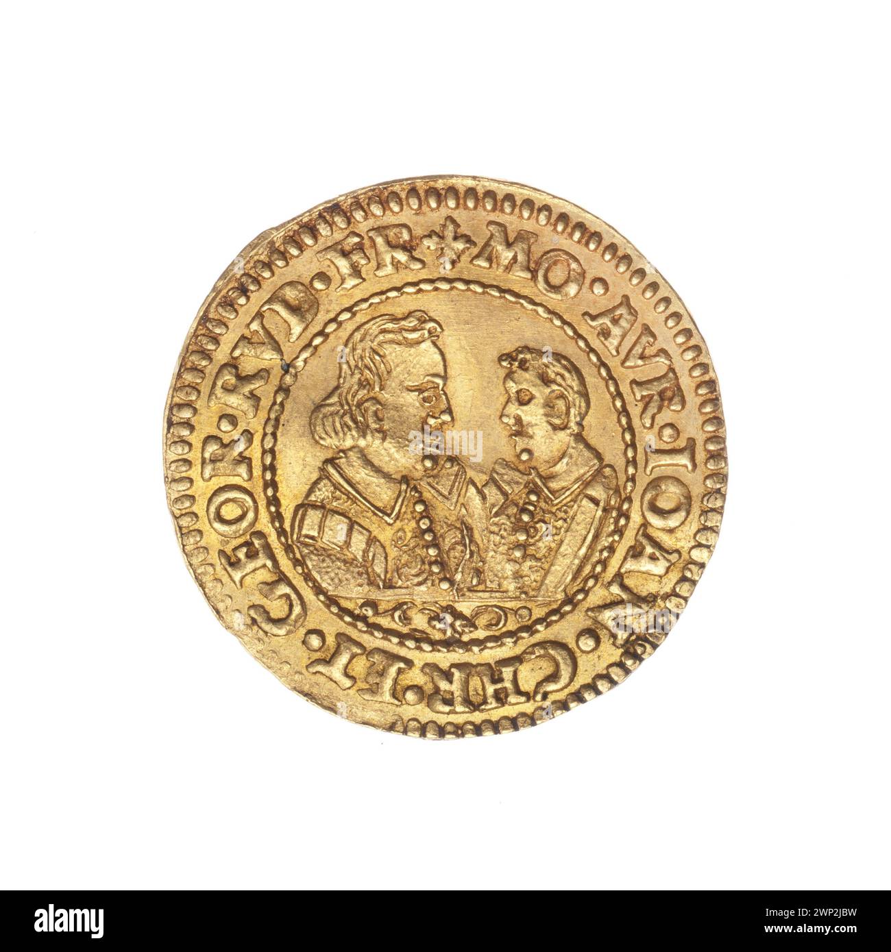 Un ducat de 1608 mettant en vedette Jan Christian de Brest et Jerzy Rudolf de Legnica face à face dans des portraits de buste double, y compris les armoiries de Brest et Legnica-Brzeski et l'iconographie de la famille Piast. Banque D'Images