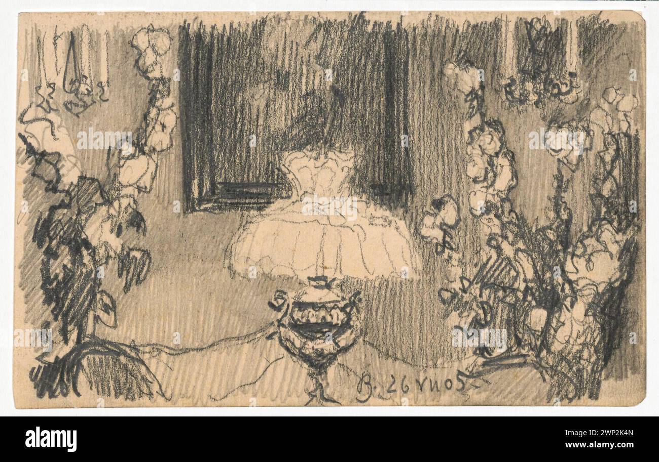 Vue intérieure du salon Trzech à Bohdanów peinte par Ferdynand Ruszczyc en 1905, montrant des lampes à kérosène, des meubles et des détails du salon dans une résidence biélorusse. Banque D'Images