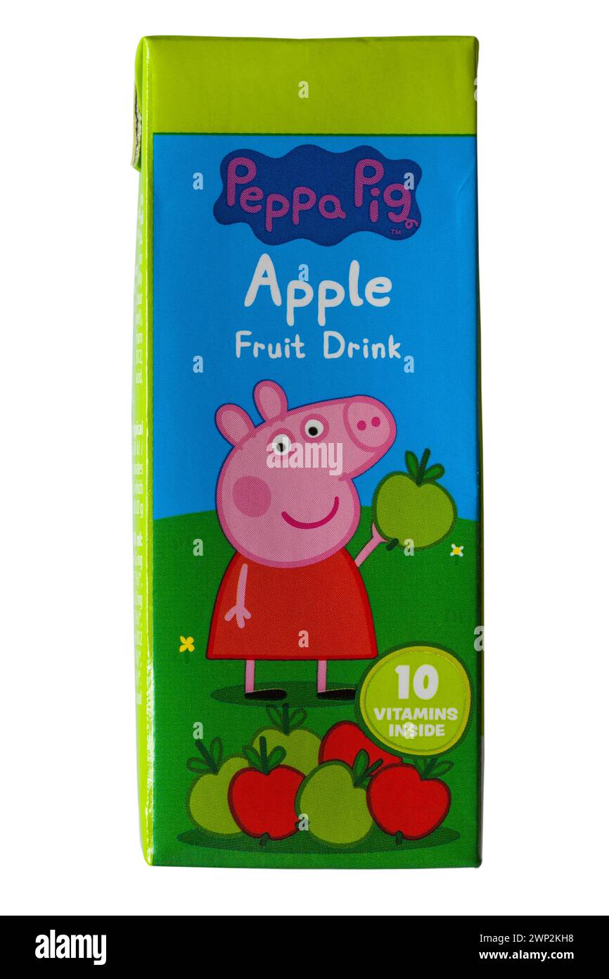 Carton de boisson aux fruits de pomme Peppa Pig isolé sur fond blanc - jus de boisson aux fruits de pomme avec édulcorant vitaminé ajouté et sucre Banque D'Images
