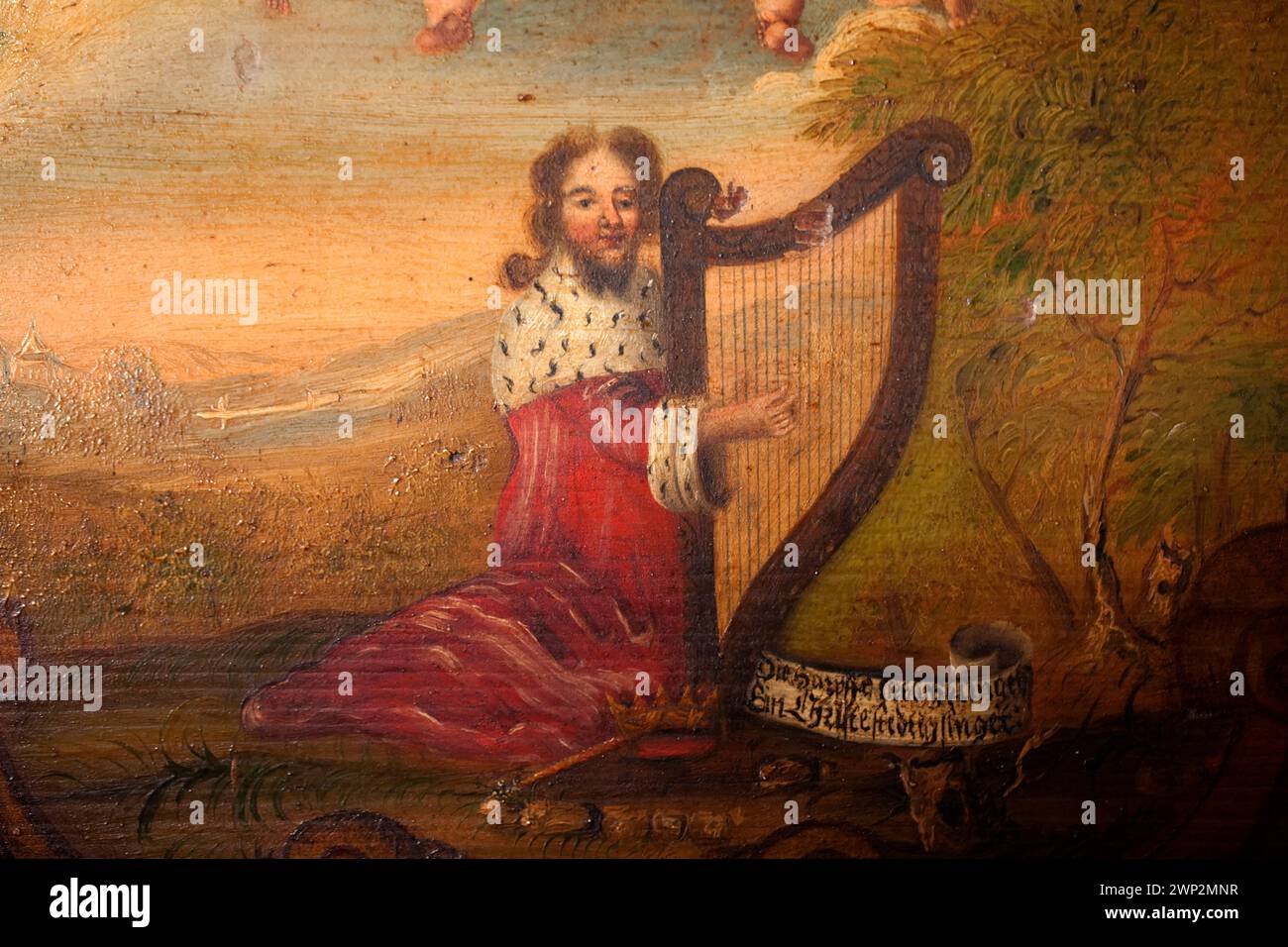 Roi David avec la harpe, peinture sur un psaltère, une harpe de table d'Estonie, XVIIe siècle, Haus Kemnade, Hattingen, Rhénanie du Nord-Westphalie, Allemagne, E Banque D'Images