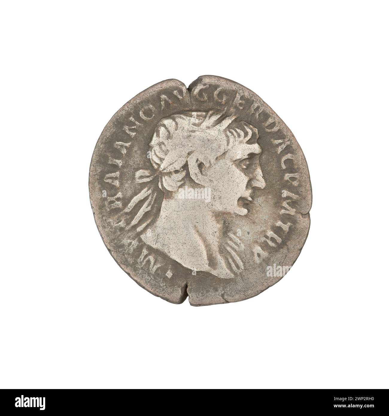 Denarius de l'ère Trajan frappé de 103 à 111, mettant en vedette la déesse Spes avec des têtes, des fleurs et des couronnes de laurier, illustrant l'iconographie romaine et le design numismatique. Banque D'Images