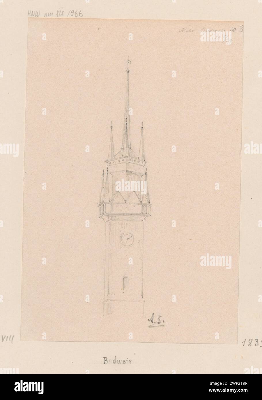 Représentation de la tour de l'horloge en tchèque Budějovice, République tchèque, mettant en évidence des détails architecturaux, recueillis par l'Académie Royale des Arts de Berlin Banque D'Images