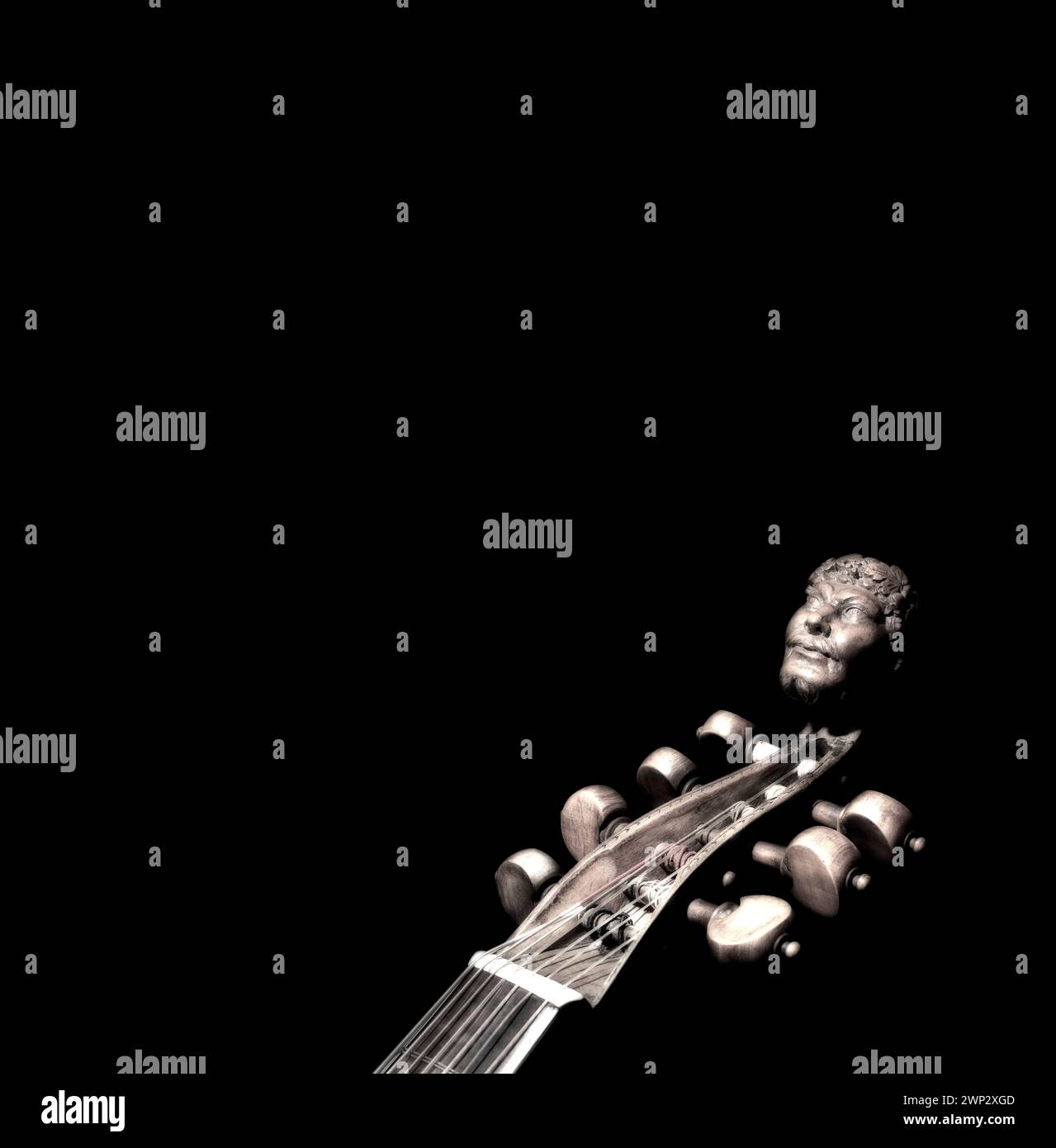 Tête sculptée de Bacchus sur viole basse ténor à sept cordes du XVIIe siècle, château de Haus Kemnade, Hattingen, Rhénanie du Nord-Westphalie, Allemagne, Europ Banque D'Images