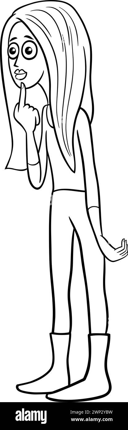 Illustration de dessin animé de la page de coloriage de personnage comique jeune femme surprise Illustration de Vecteur