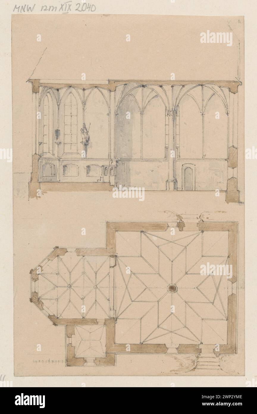 Église dans. Miko Aja in Bad Gastein - coupe transversale et un niveau d'horizontale avec un dessin en tige ; Schadow, Albert Dietrich (1797-1869) ; 1851 (1850-00-00-1850-00-00);Alpes (chaîne de montagnes), Autriche, Bibliothèque Der Künste Der Königlichen, Berlin - collection, Gastein (Autriche), Wrocław (Voïvodie de Dolnośląskie), Vallée, gothique (architecte), montagnes, paysage alpin, collection, églises (architecte.), paysages, paysages, jets architecturaux Banque D'Images