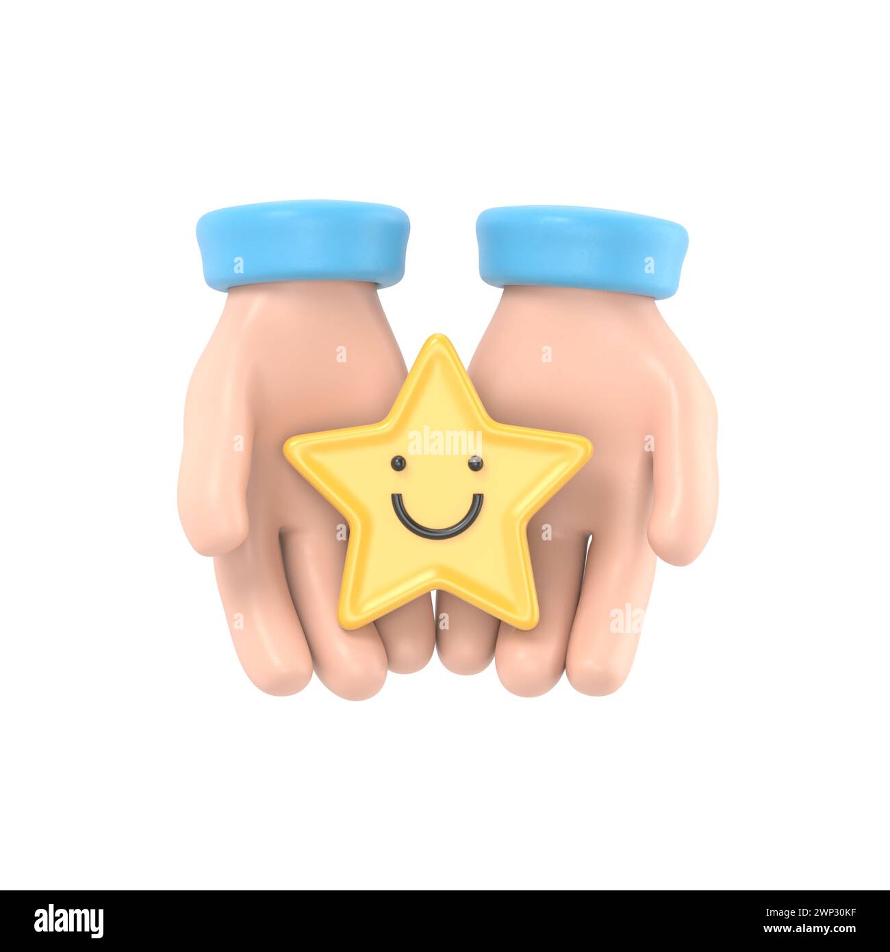 Main tenant l'étoile jaune visage de sourire heureux, bonne note de rétroaction, avis positif, sondage de satisfaction, évaluation de la santé mentale, bien-être enfant, monde Banque D'Images